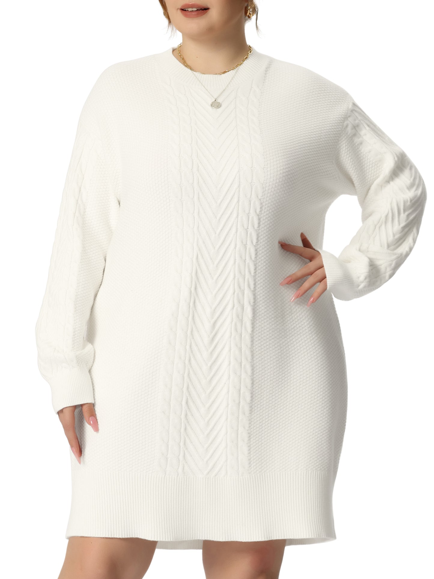 Women Plus Size Fall Crewneck Long Sleeve Knit Tunic Pullover Short Sweater Dress