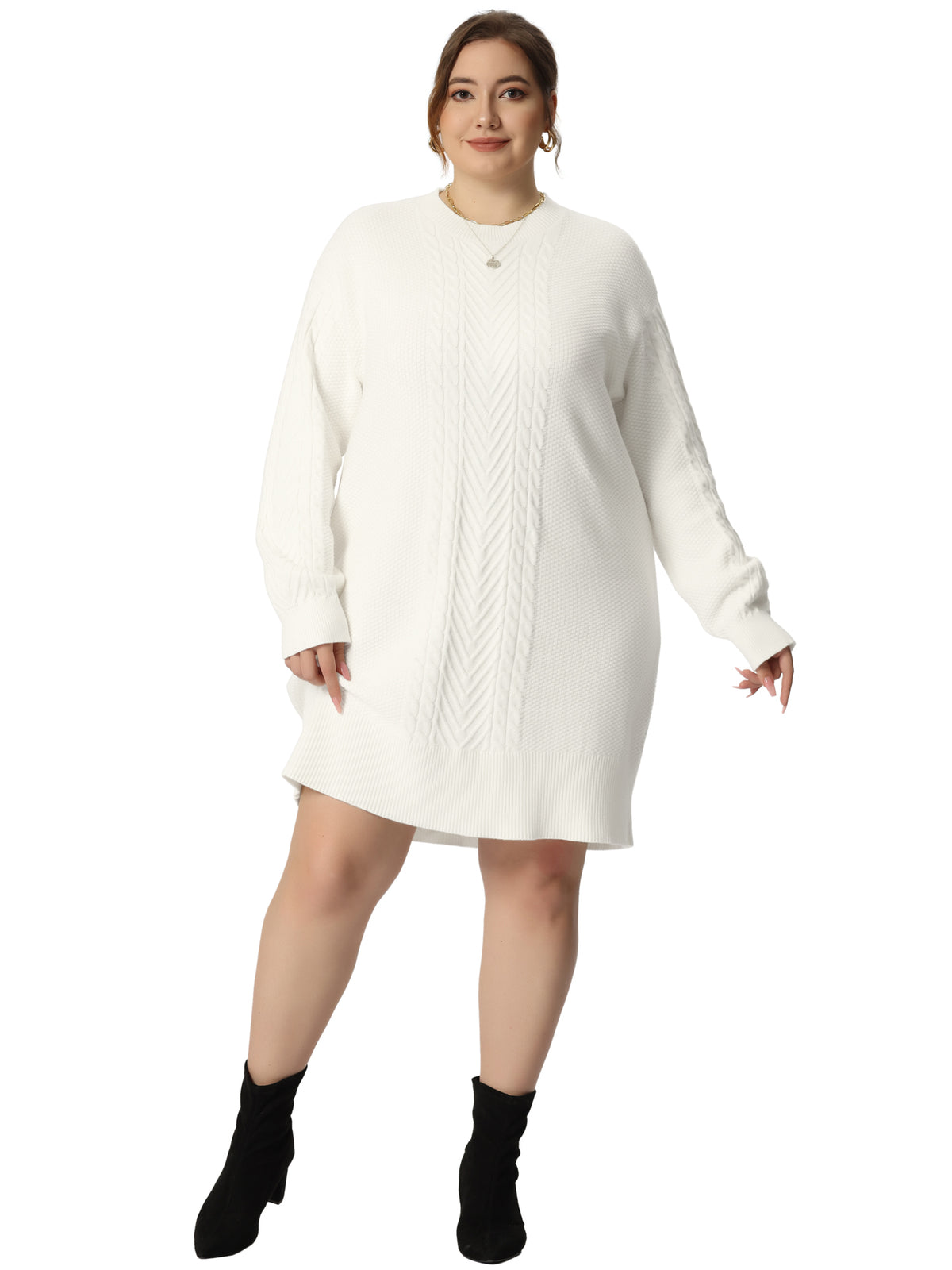 Women Plus Size Fall Crewneck Long Sleeve Knit Tunic Pullover Short Sweater Dress