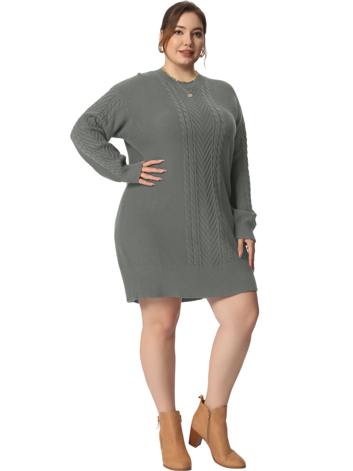 Women Plus Size Fall Crewneck Long Sleeve Knit Tunic Pullover Short Sweater Dress