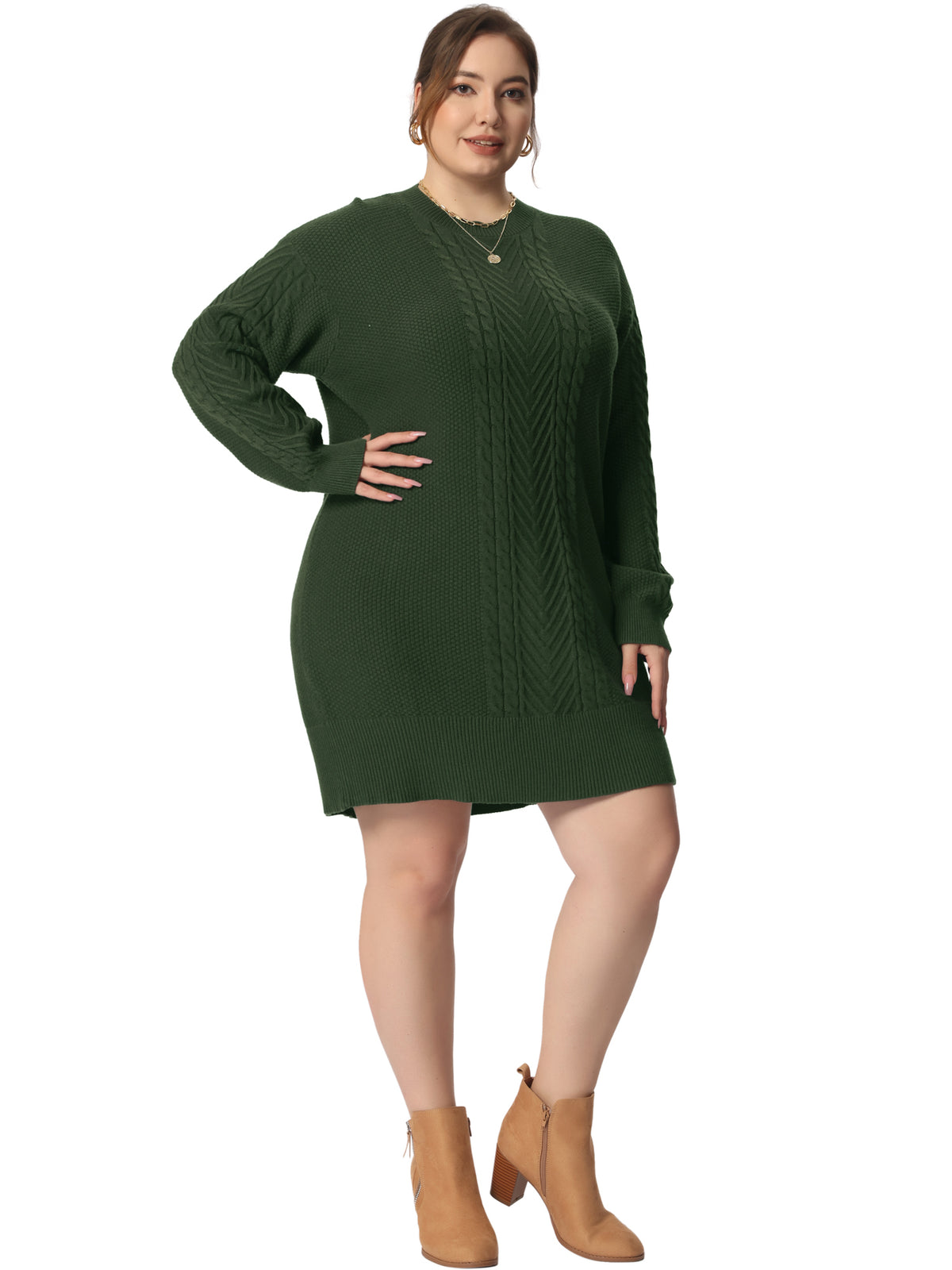 Women Plus Size Fall Crewneck Long Sleeve Knit Tunic Pullover Short Sweater Dress