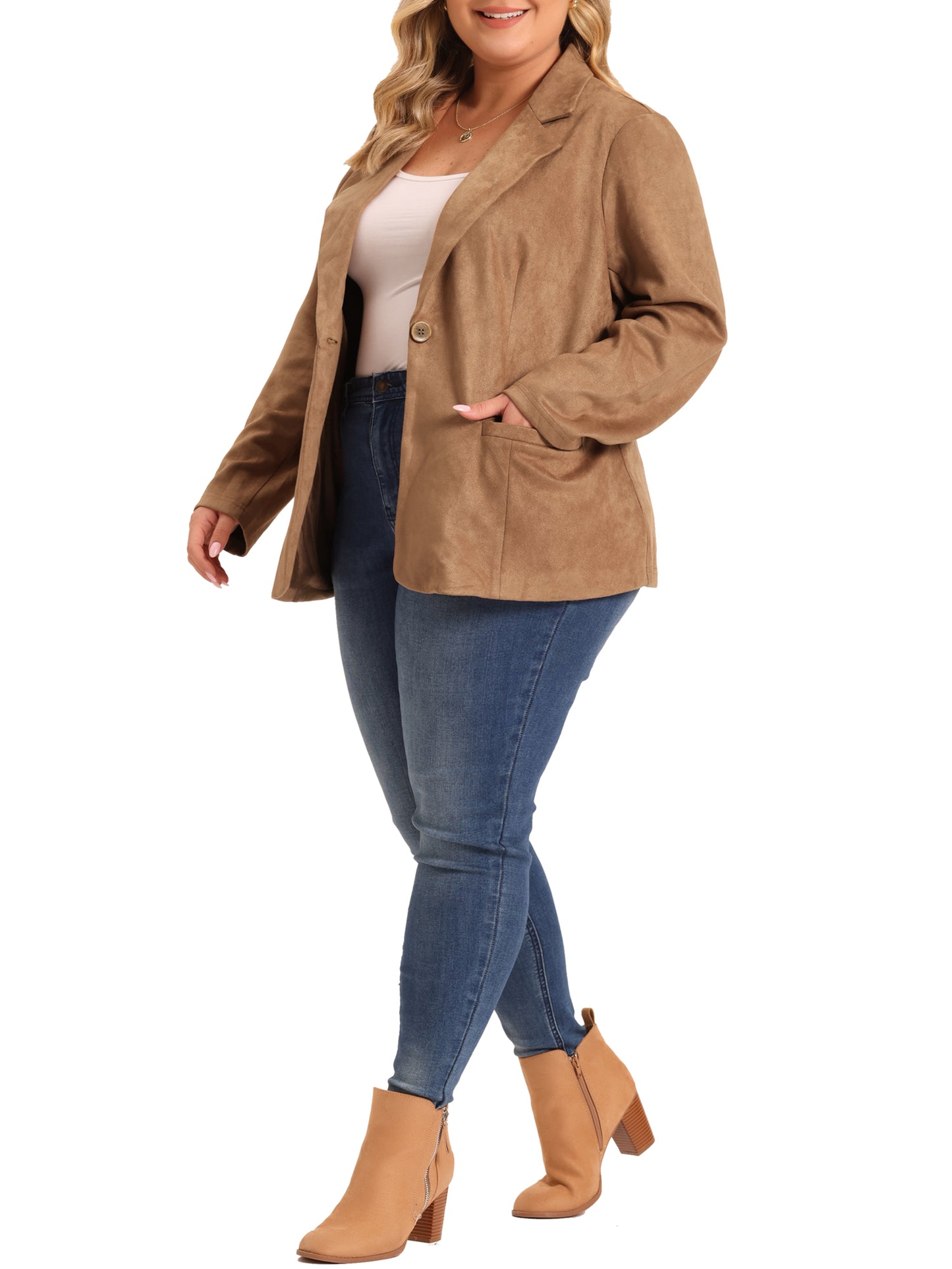 Women Plus Size Faux Suede Jacket Lapel Collar Button Front Long Sleeve Work Casual Blazer Jacket