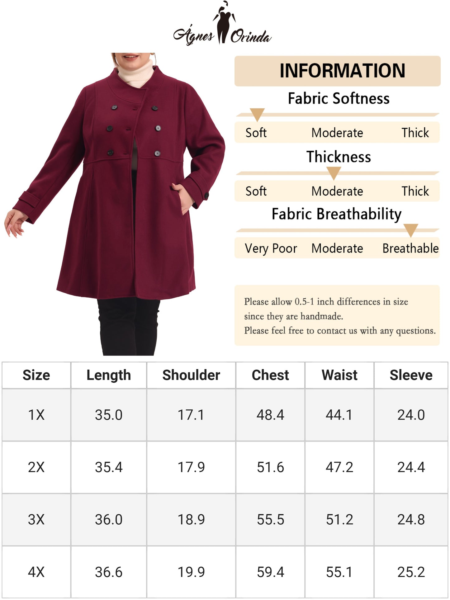 Women Plus Size Peacoat Elegant Double Breasted Trendy Jacket Winter Long Coat