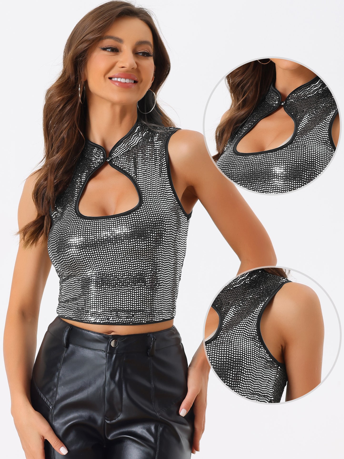 Women's Sleeveless Cut Out Front Crop Tank Top Slim Fitted Sequins Top