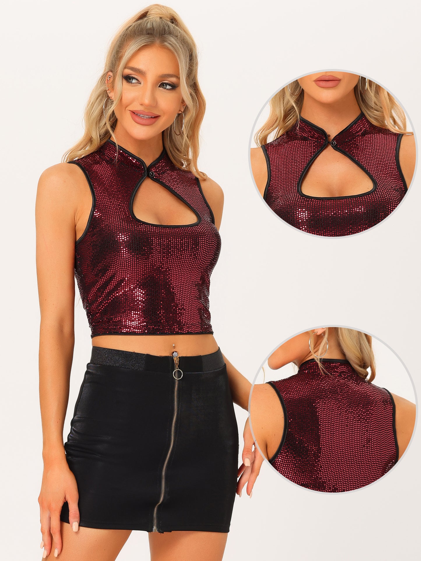 Women's Sleeveless Cut Out Front Crop Tank Top Slim Fitted Sequins Top