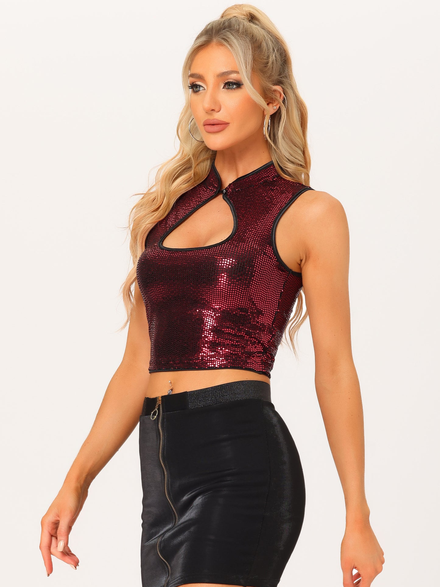 Women's Sleeveless Cut Out Front Crop Tank Top Slim Fitted Sequins Top