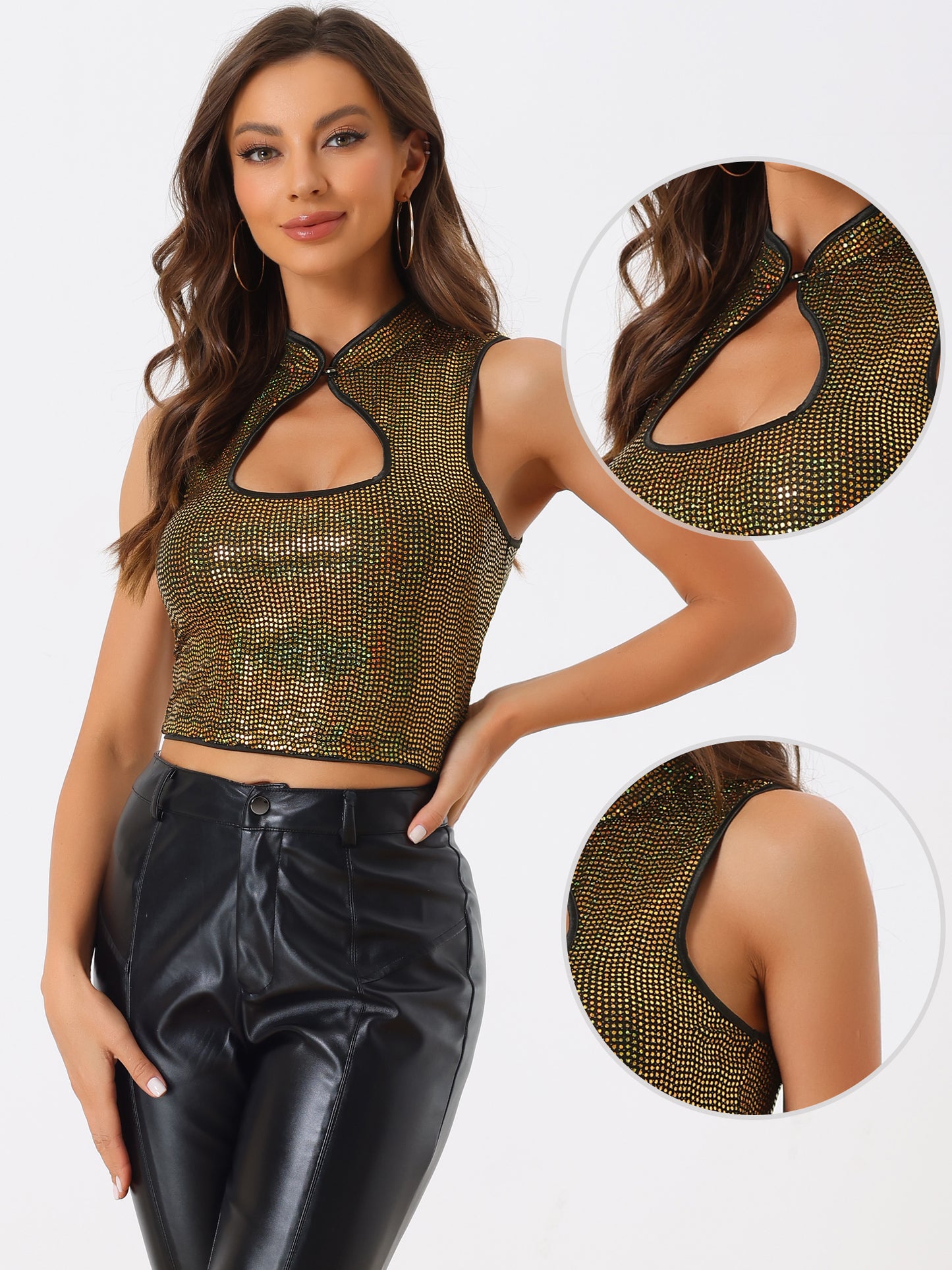 Women's Sleeveless Cut Out Front Crop Tank Top Slim Fitted Sequins Top