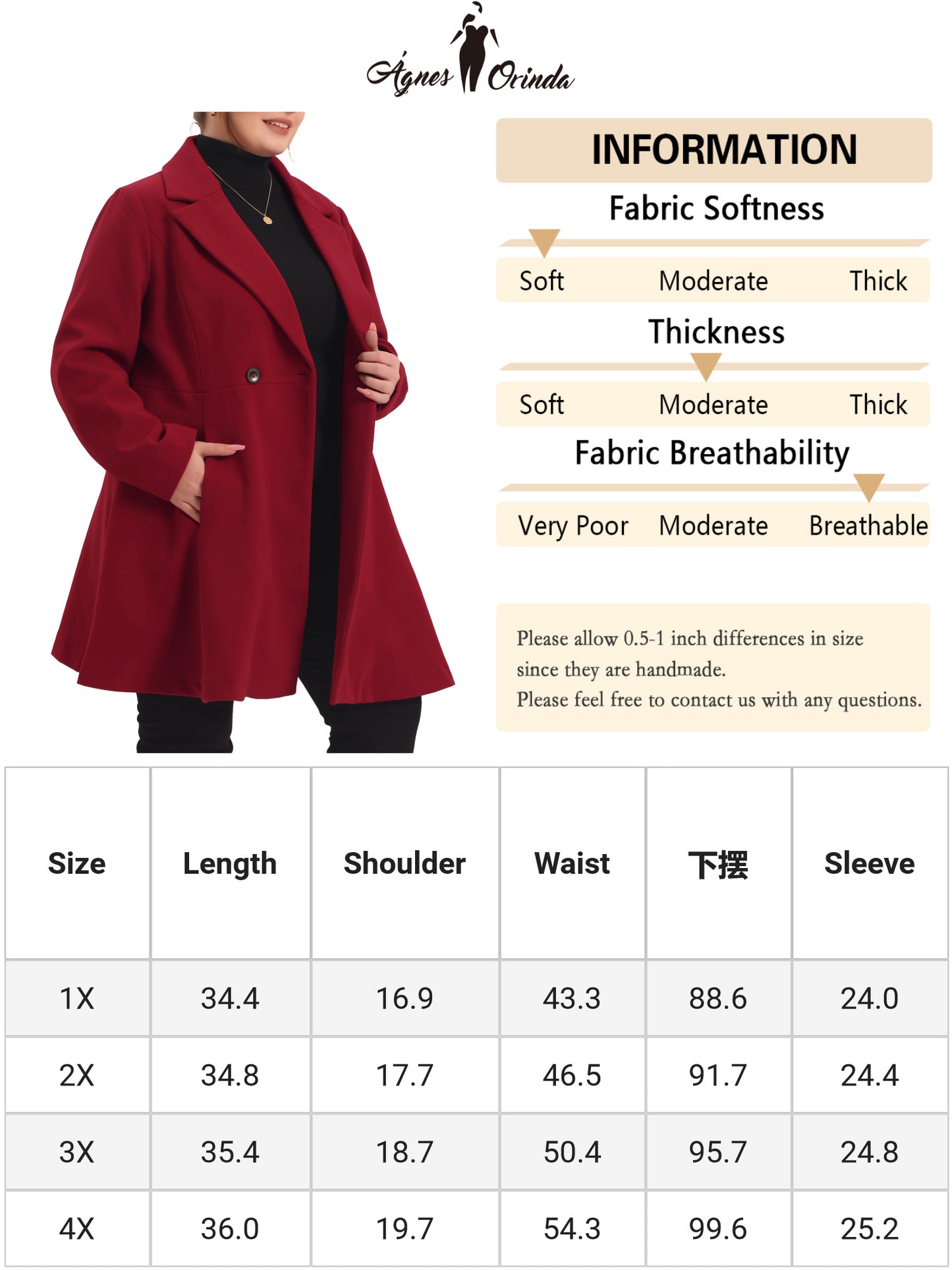 Women Plus Size Peacoat Elegant A Line Notched Lapel Double Breasted Long Coat