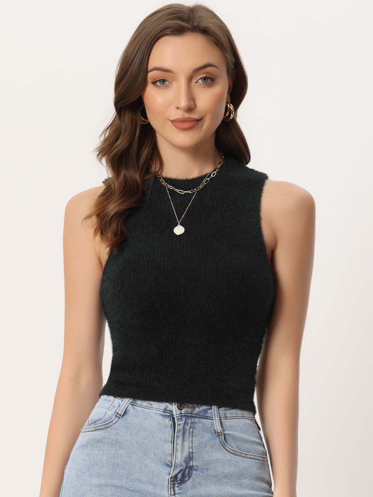 Women's Crop Fluffy Sleeveless Top