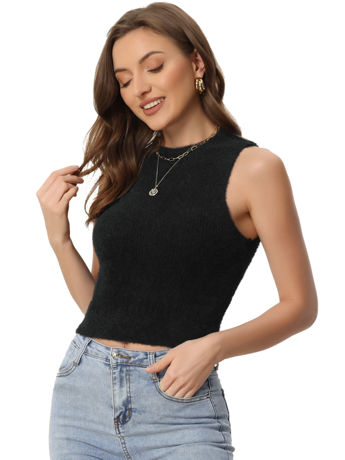 Women's Crop Fluffy Sleeveless Top
