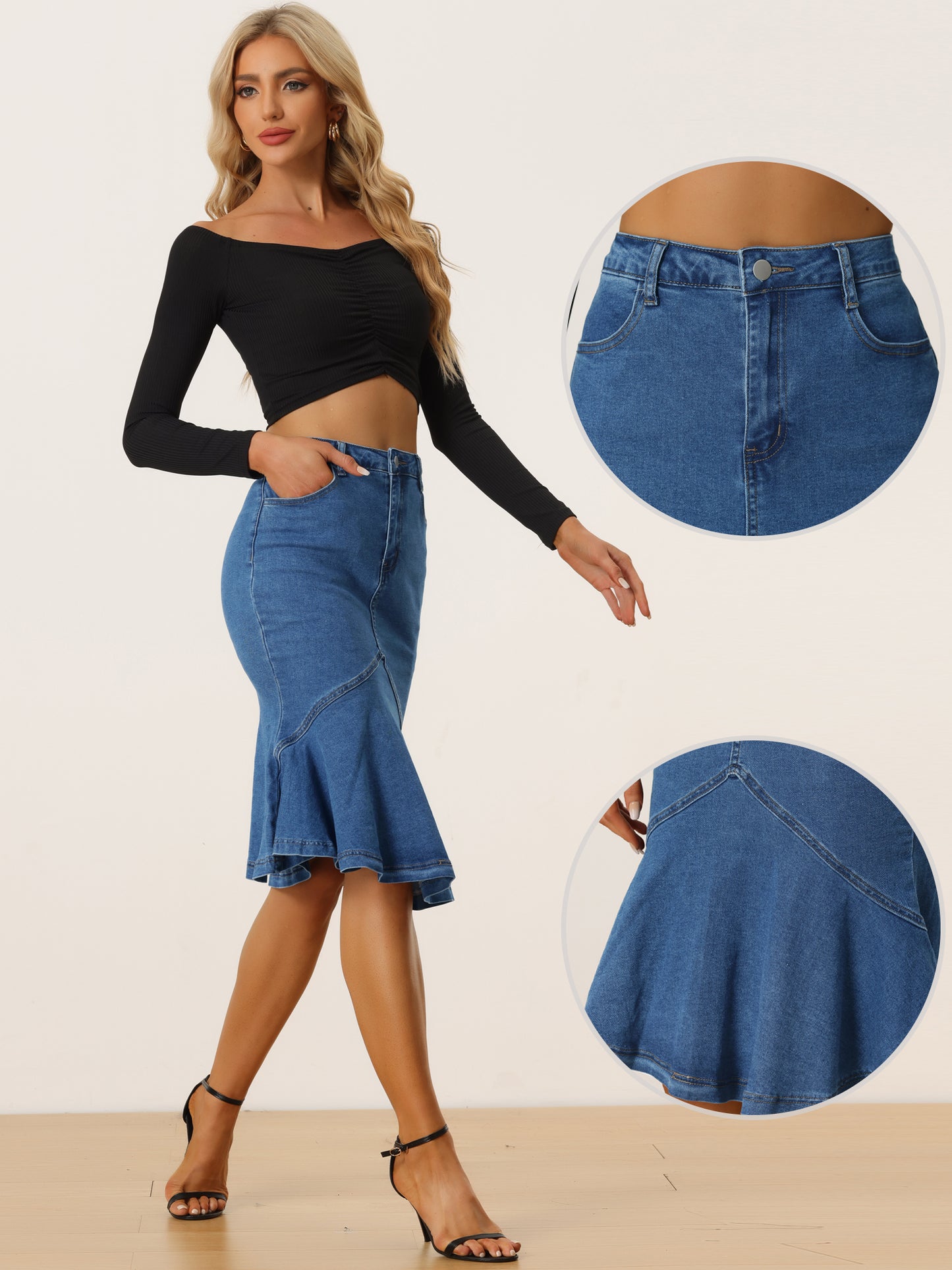 Women's Denim Jean Skirt High Waist Bodycon Ruffles Fishtail Skirt (Available in Plus Size)