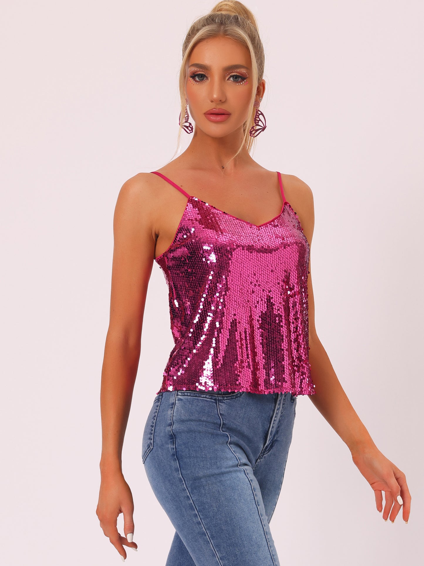 Women's Sequined Shining Camisole Club Party Glitter Disco Sparkle Cami Top