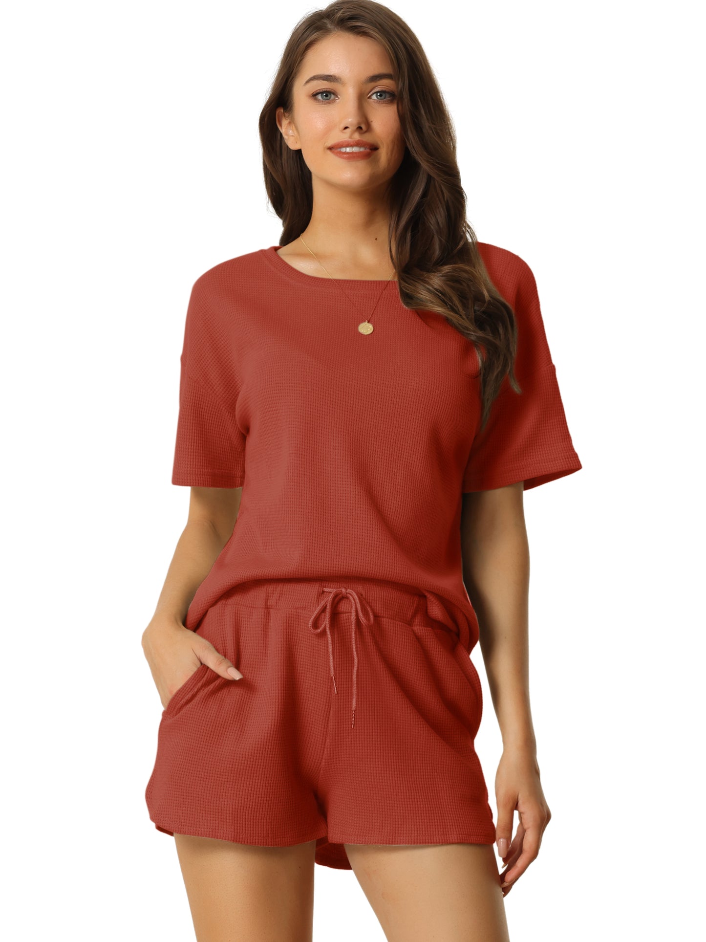 Women's Lounge Set with Pockets Waffle Outfits T-shirt and Shorts Loungewear Sweatsuit