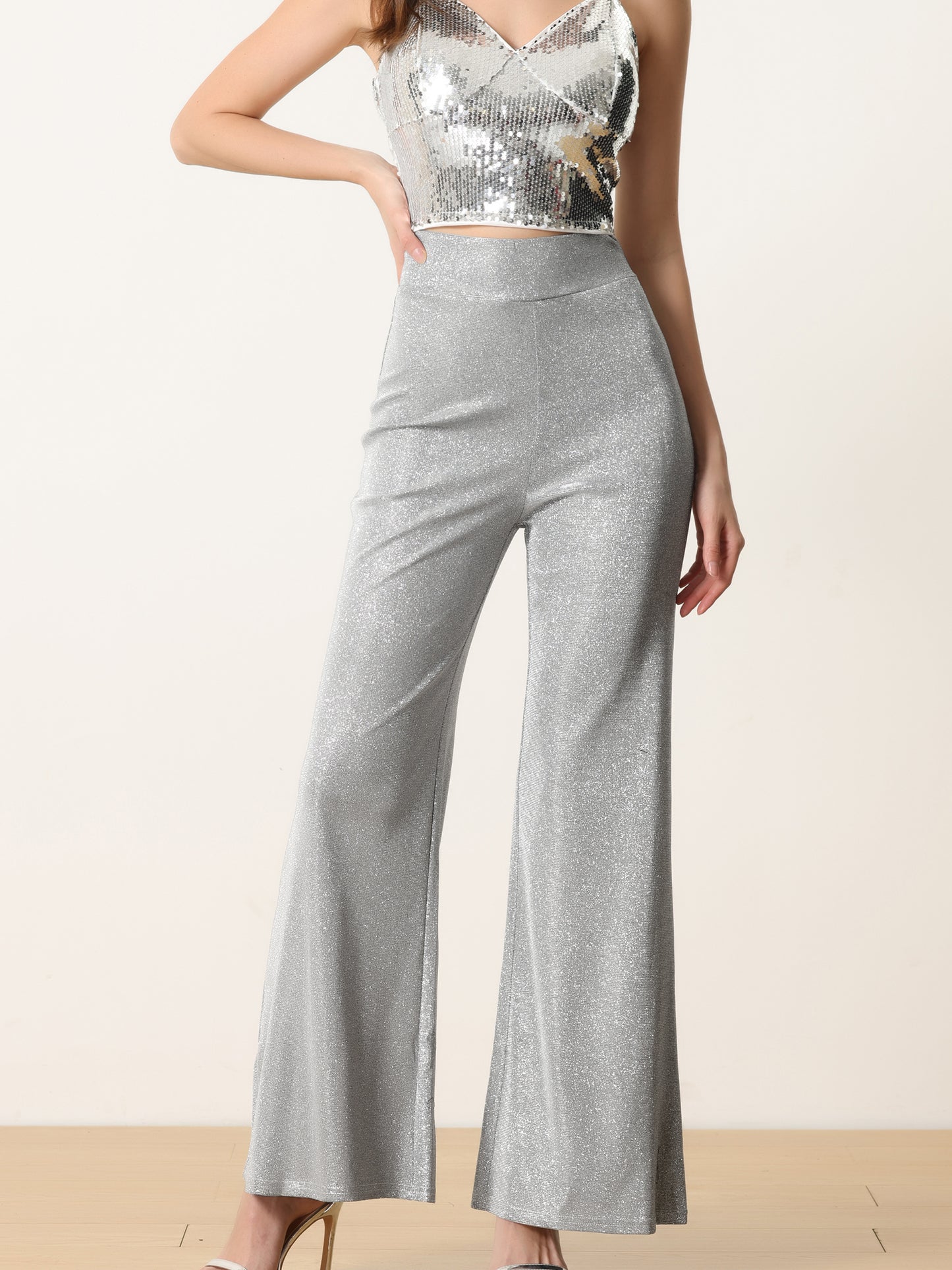 Women's Sparkly Glitter Pants Wide Leg Palazzo Pants Shiny Party High Waist Trousers