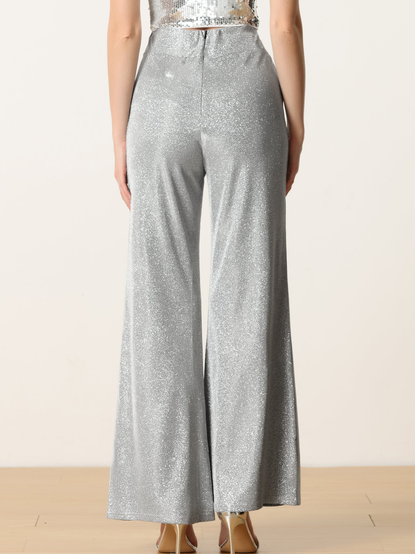 Women's Sparkly Glitter Pants Wide Leg Palazzo Pants Shiny Party High Waist Trousers