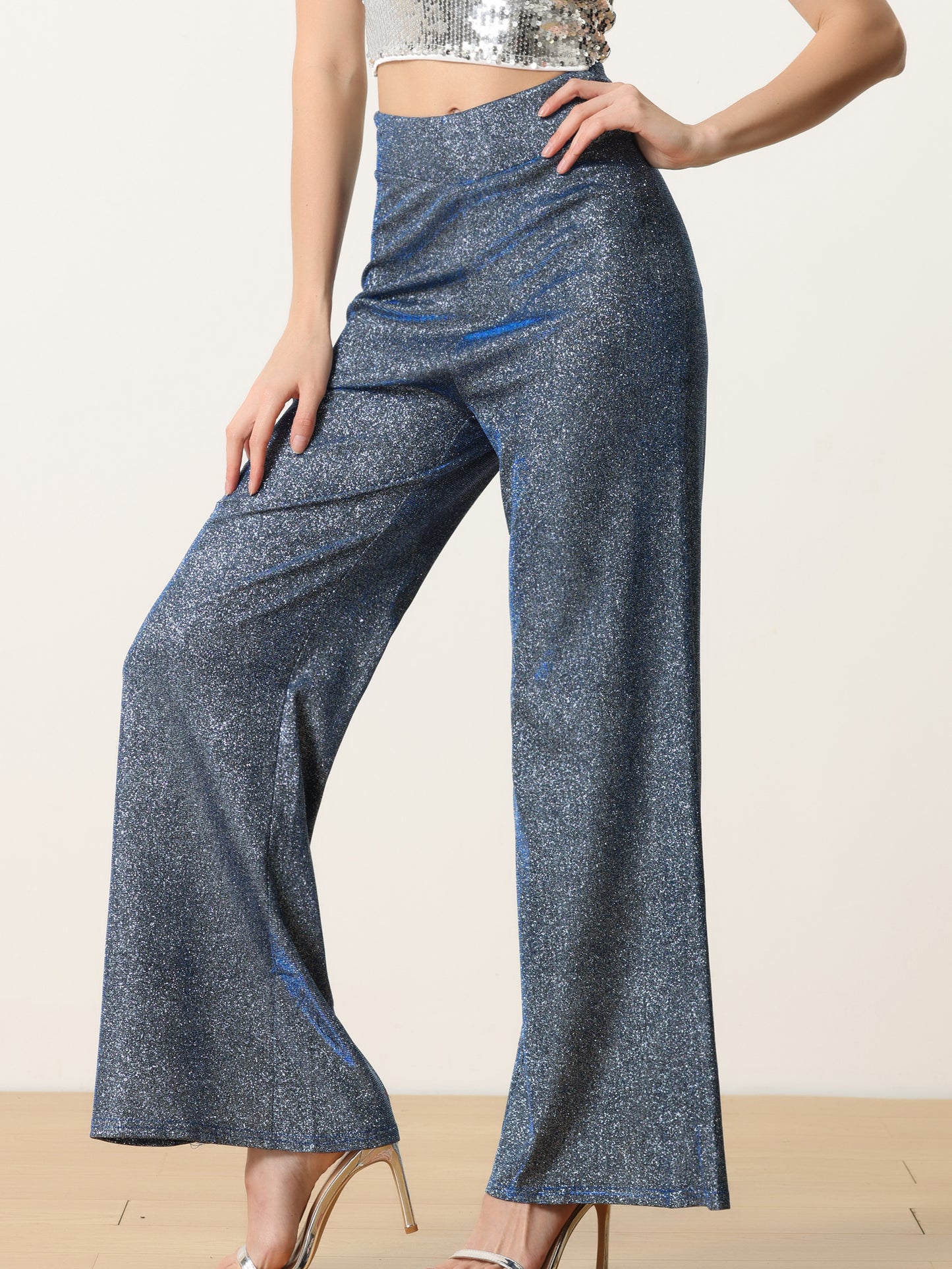 Women's Sparkly Glitter Pants Wide Leg Palazzo Pants Shiny Party High Waist Trousers