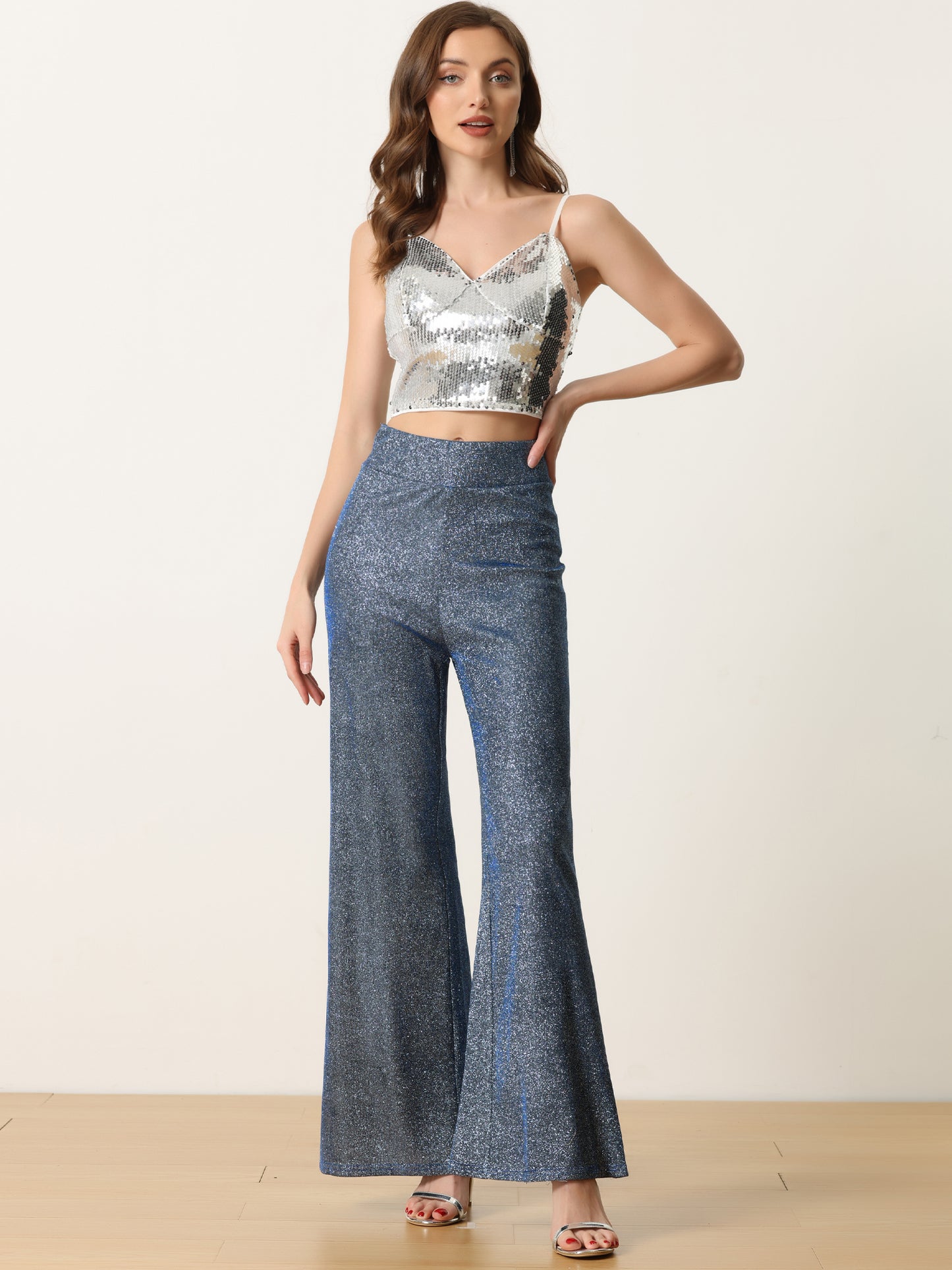 Women's Sparkly Glitter Pants Wide Leg Palazzo Pants Shiny Party High Waist Trousers