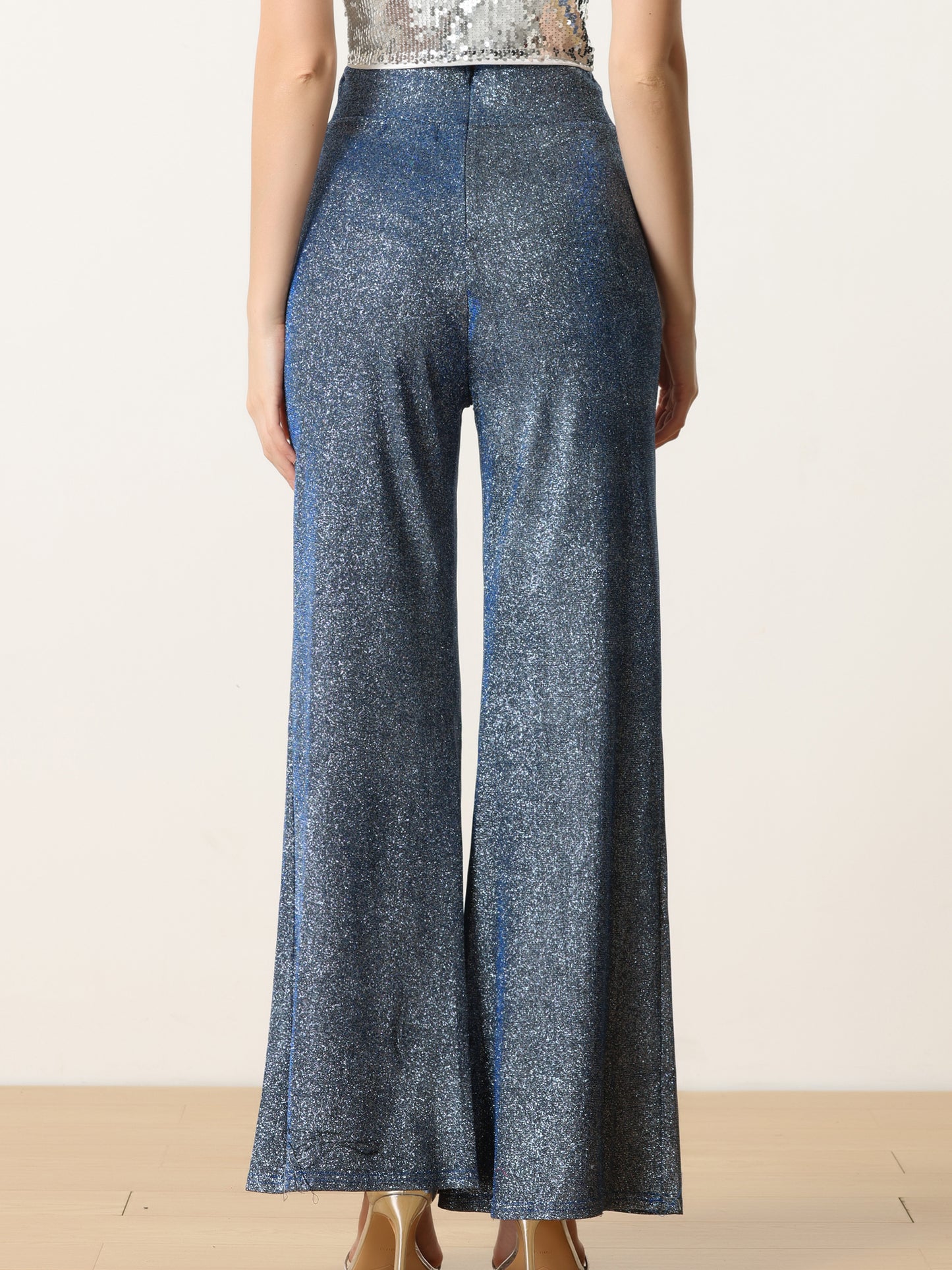 Women's Sparkly Glitter Pants Wide Leg Palazzo Pants Shiny Party High Waist Trousers