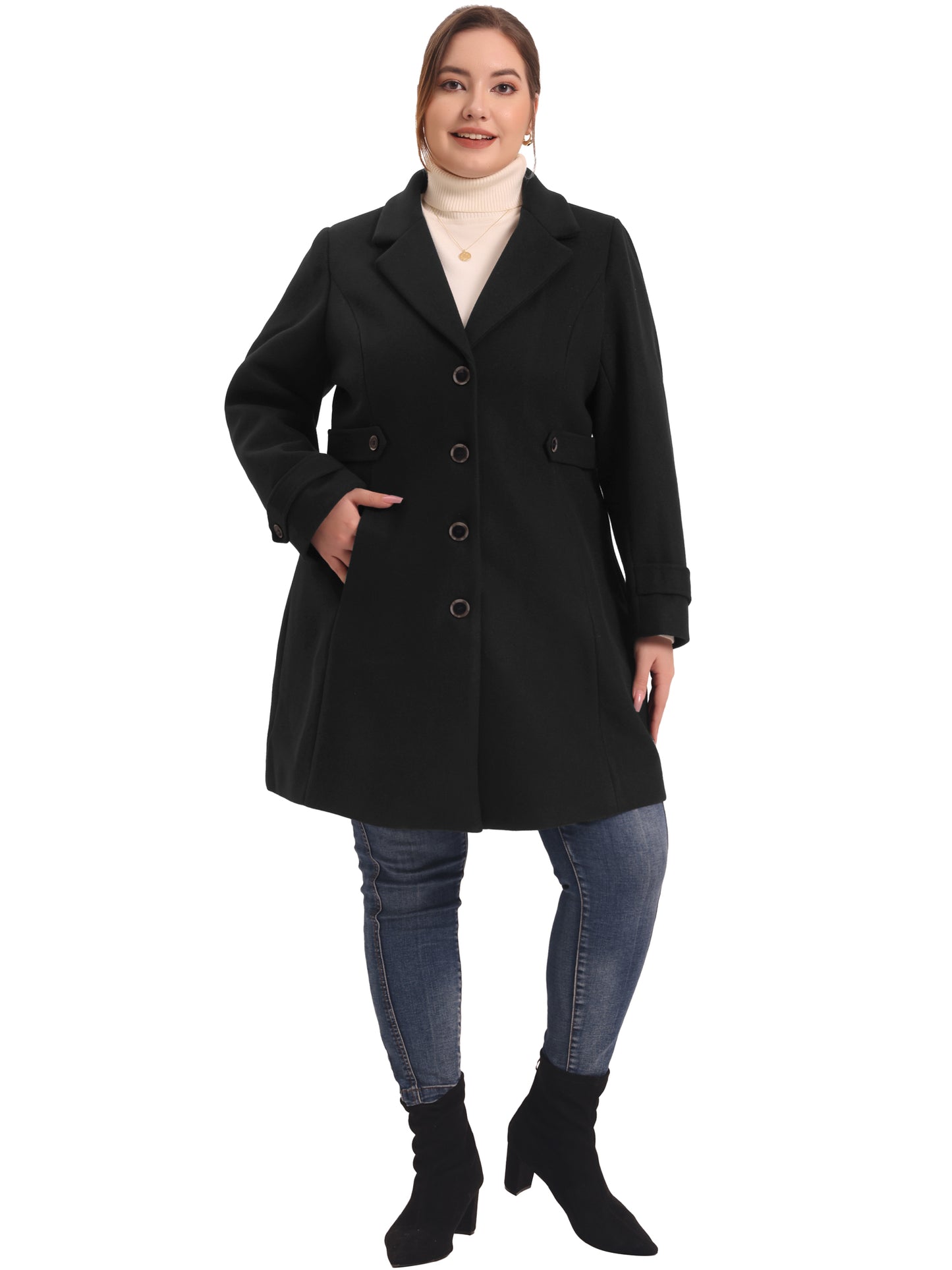 Women Plus Size Coat Single Breasted Notched Lapel Elegant Winter Long Coat