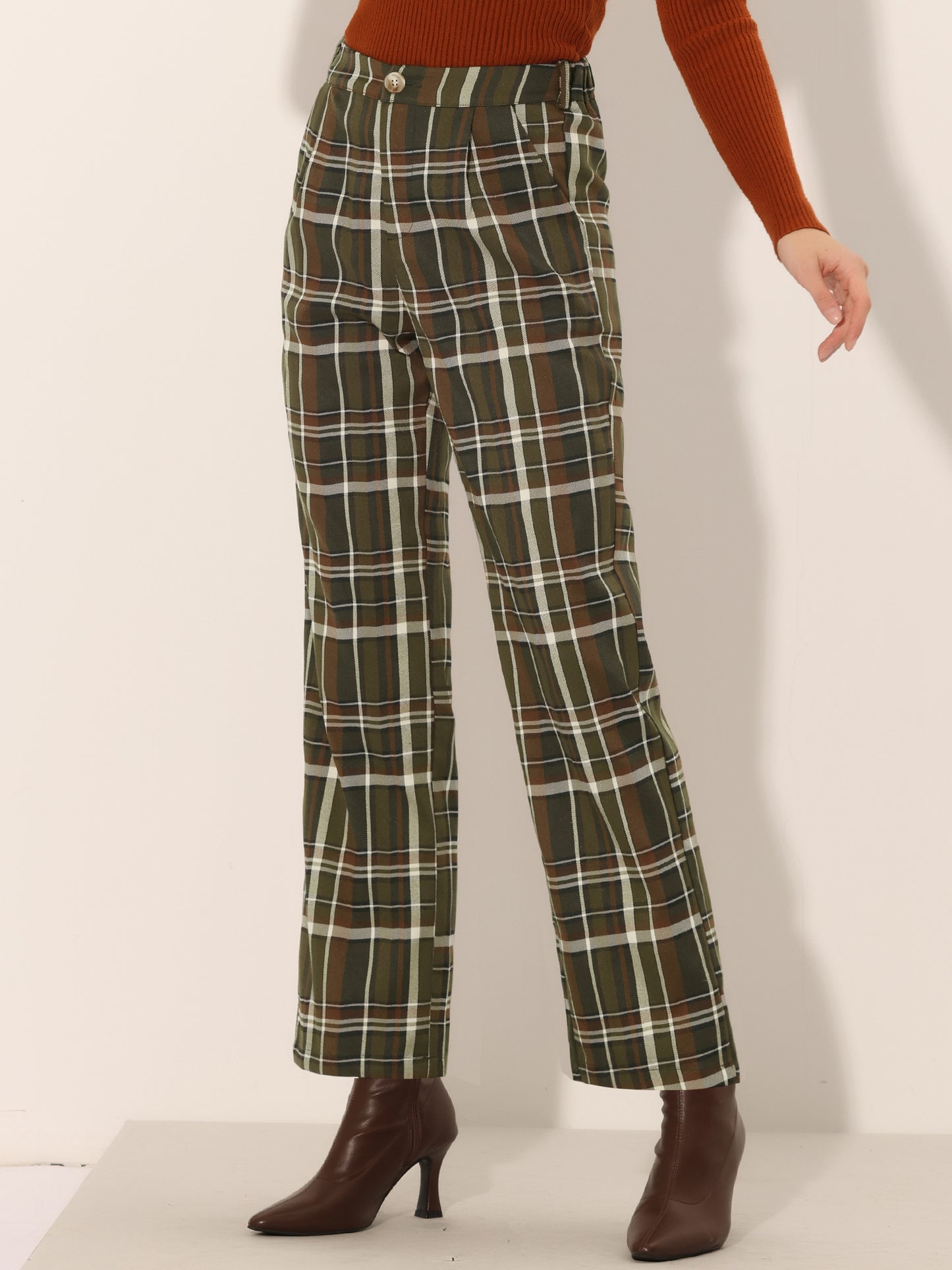 Women's Plaid Pants Elastic Waist Casual Work Office Long Trousers