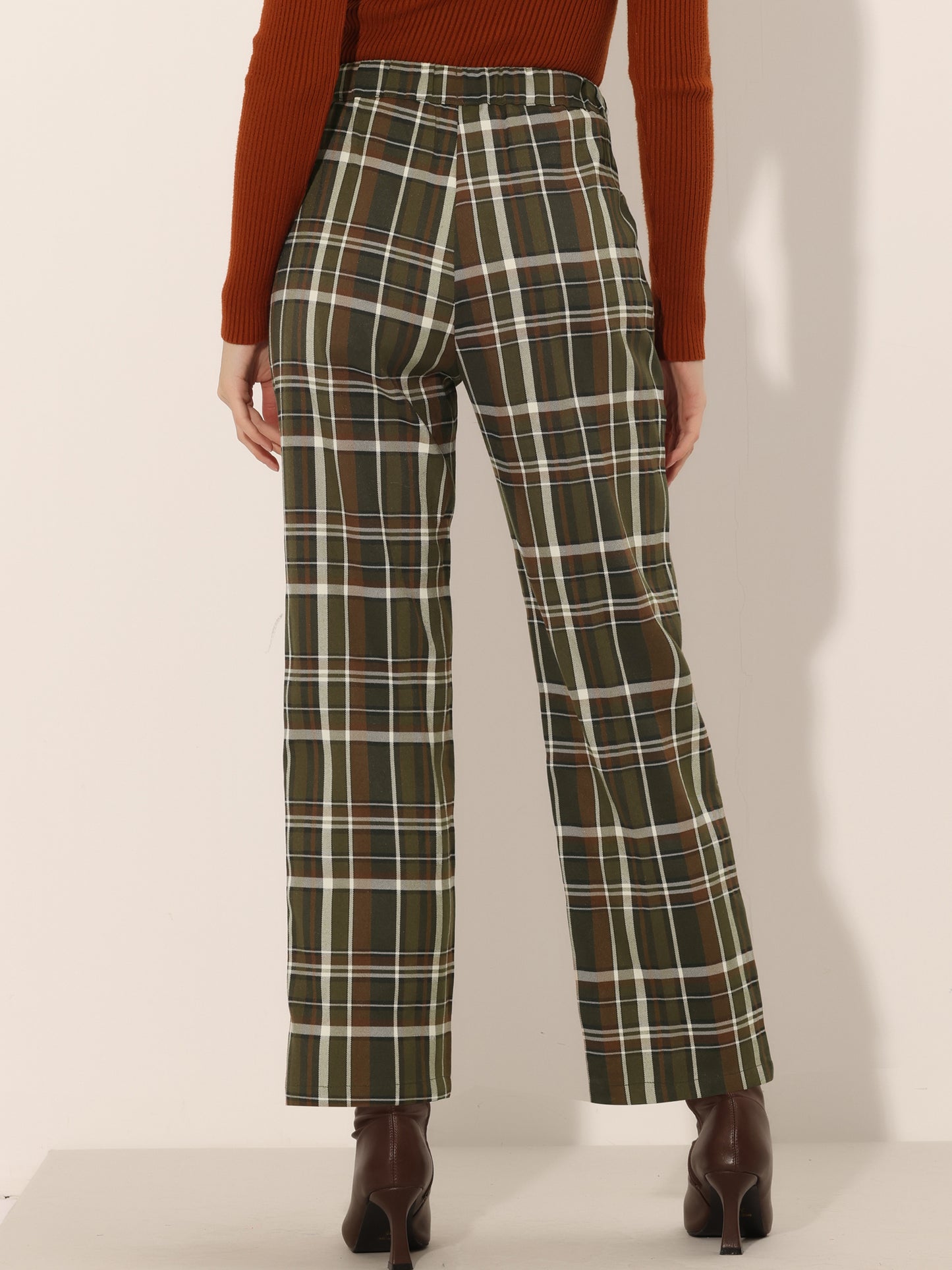 Women's Plaid Pants Elastic Waist Casual Work Office Long Trousers