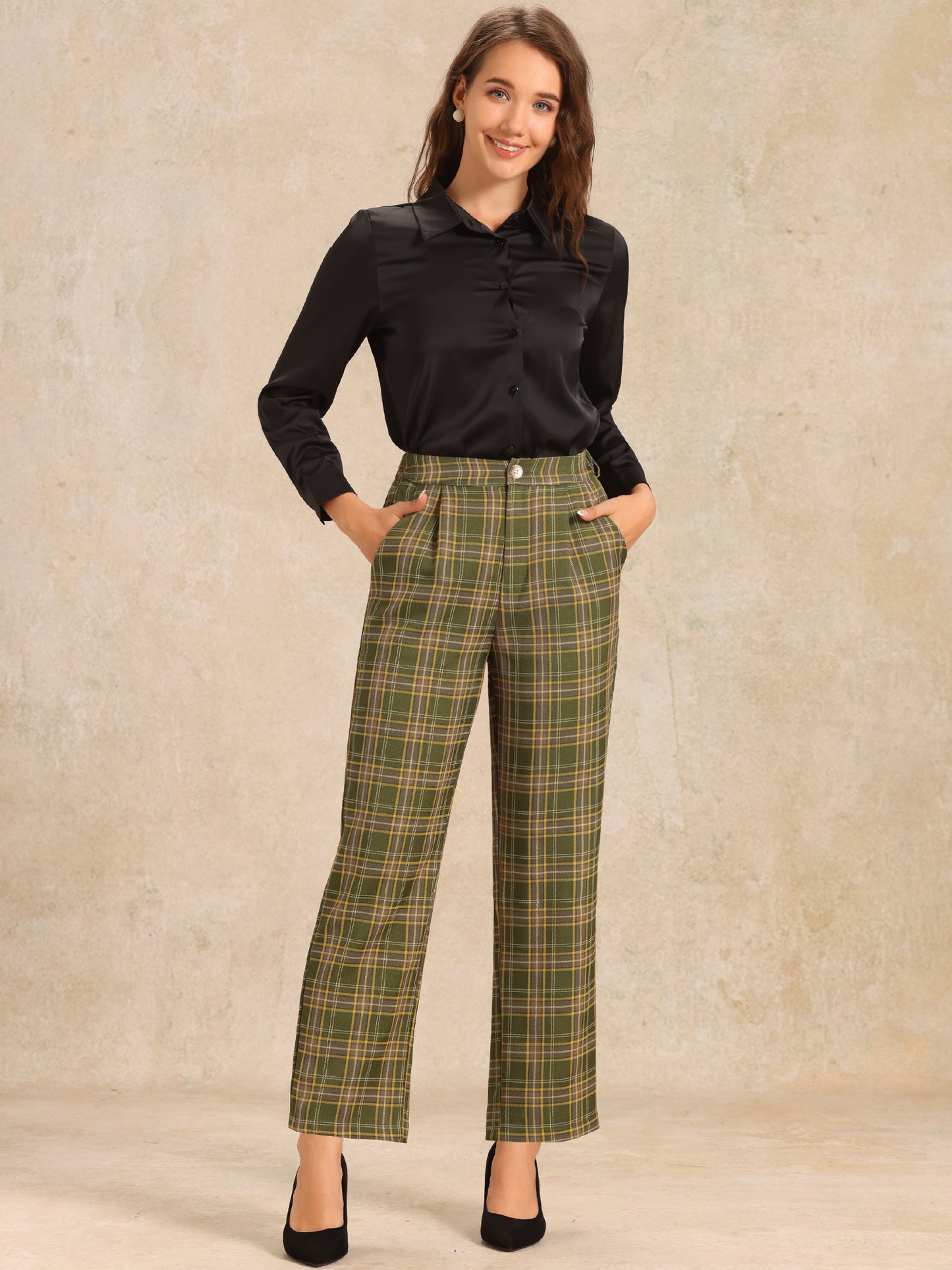 Women's Plaid Pants Elastic Waist Casual Work Office Long Trousers