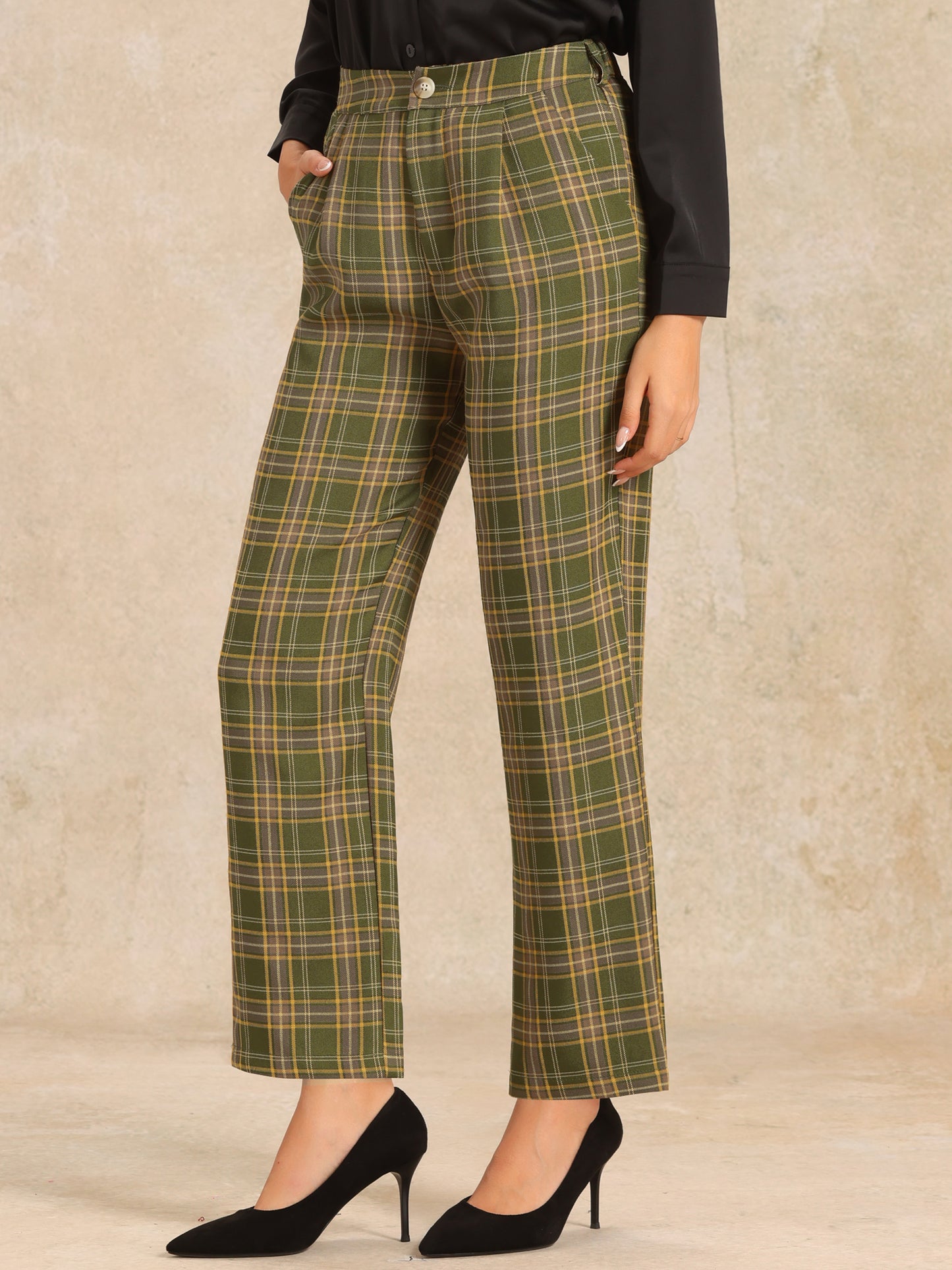 Women's Plaid Pants Elastic Waist Casual Work Office Long Trousers