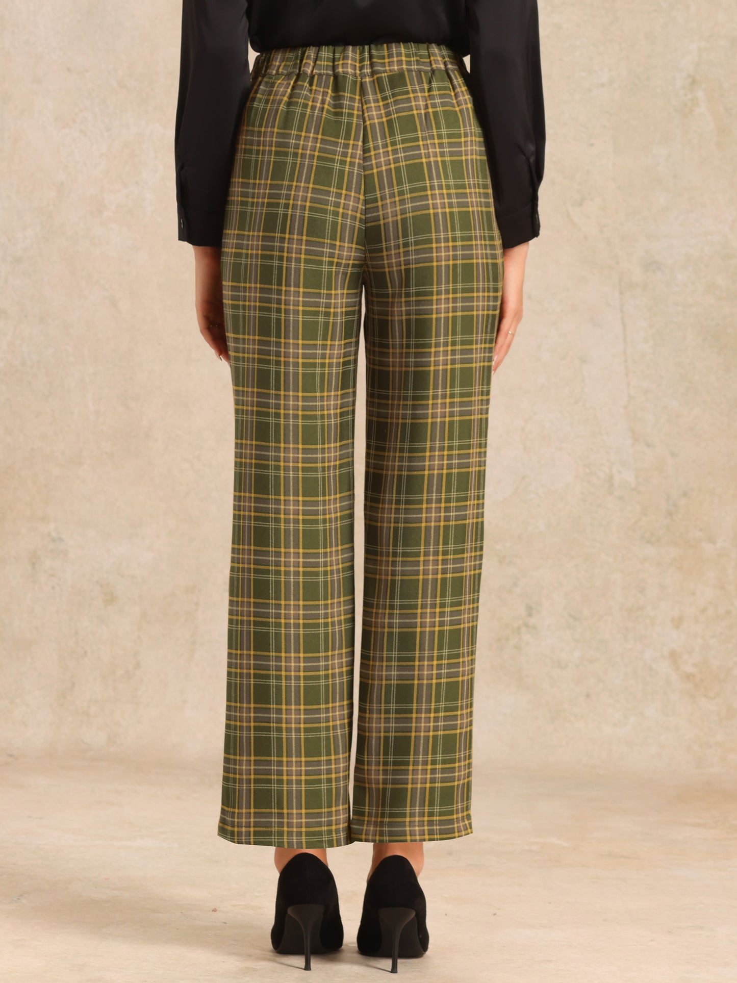 Women's Plaid Pants Elastic Waist Casual Work Office Long Trousers