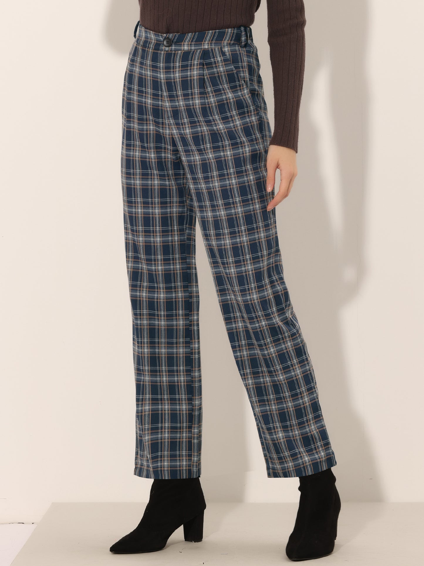 Women's Plaid Pants Elastic Waist Casual Work Office Long Trousers