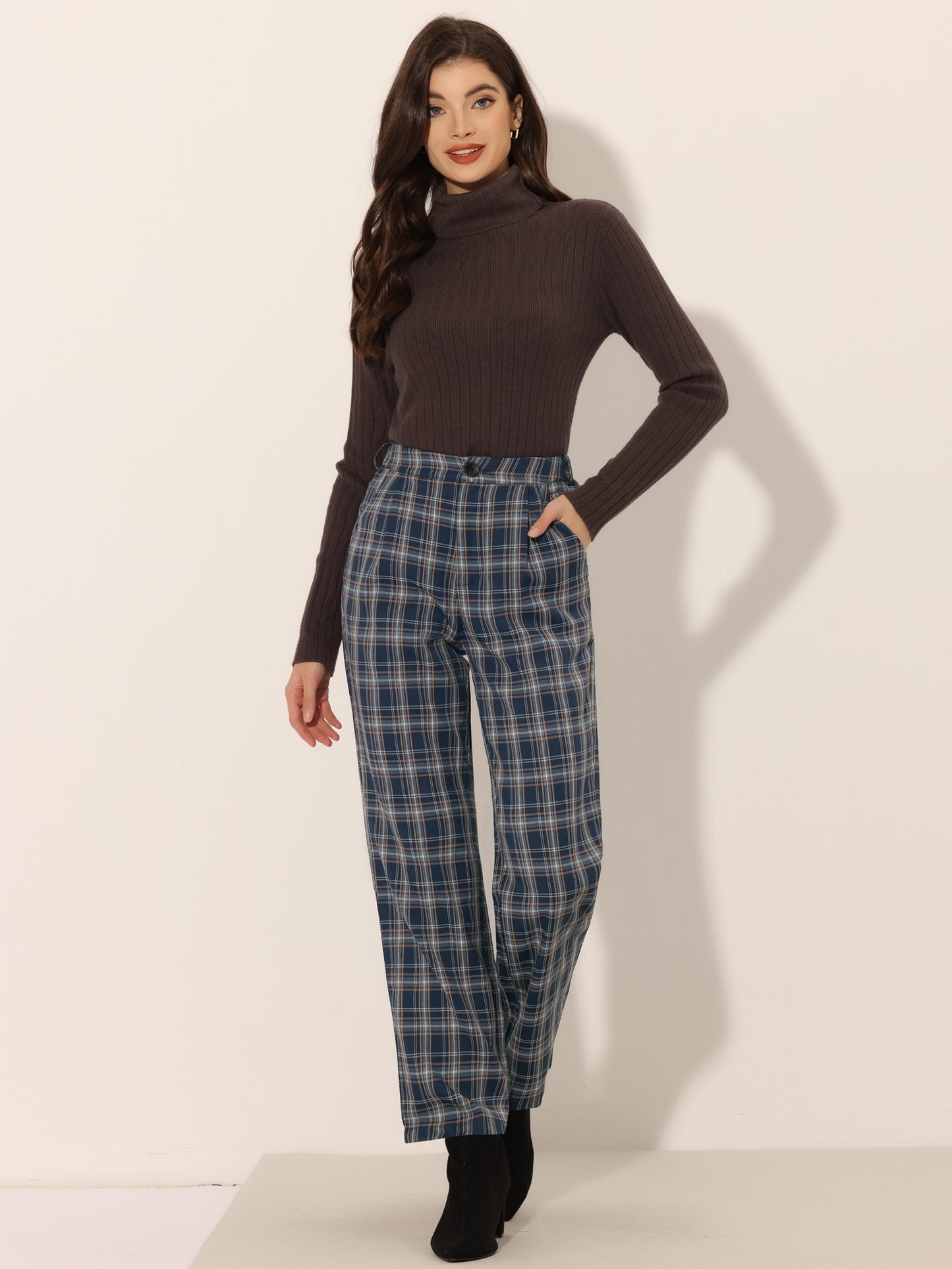 Women's Plaid Pants Elastic Waist Casual Work Office Long Trousers