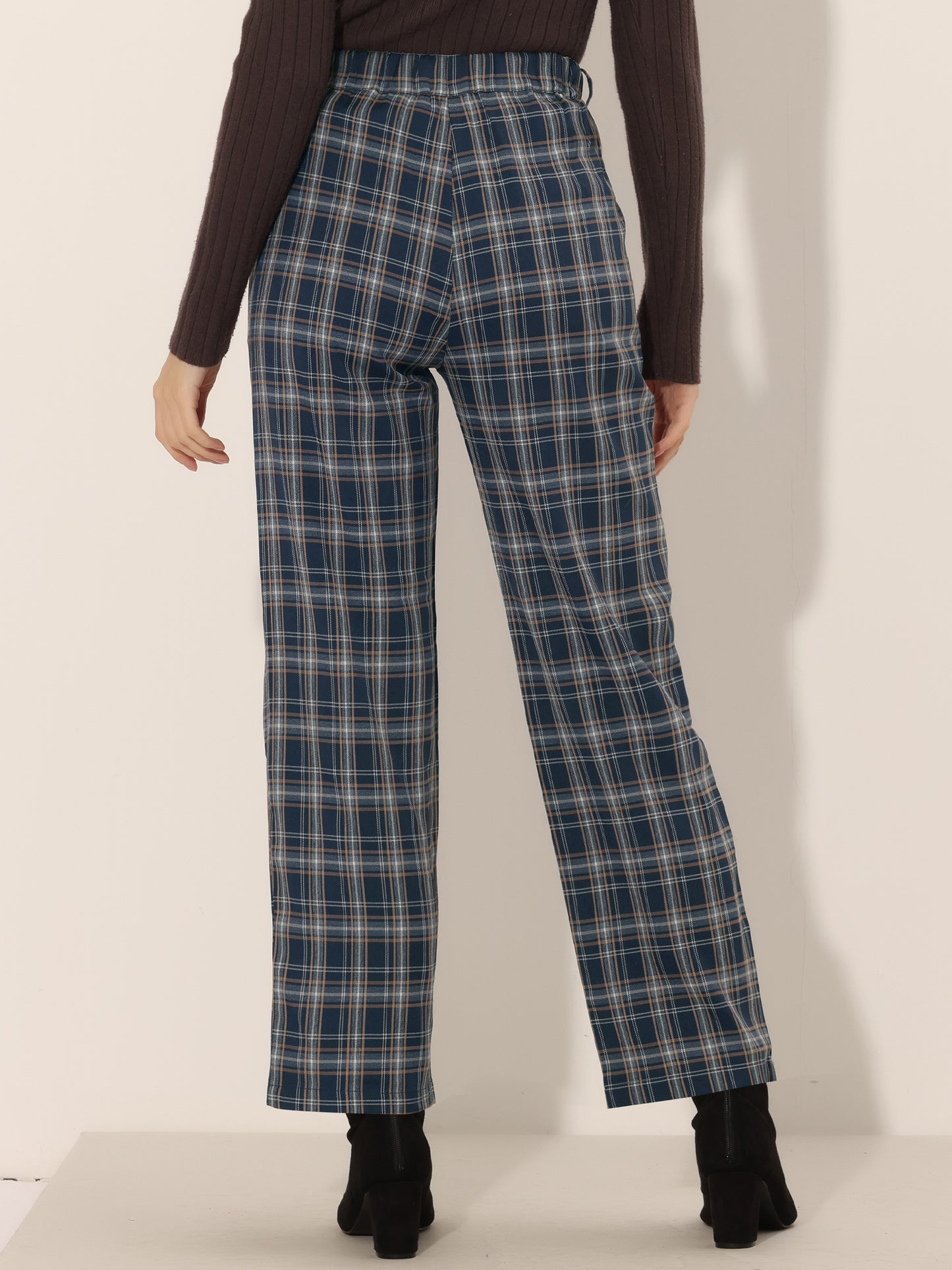 Women's Plaid Pants Elastic Waist Casual Work Office Long Trousers
