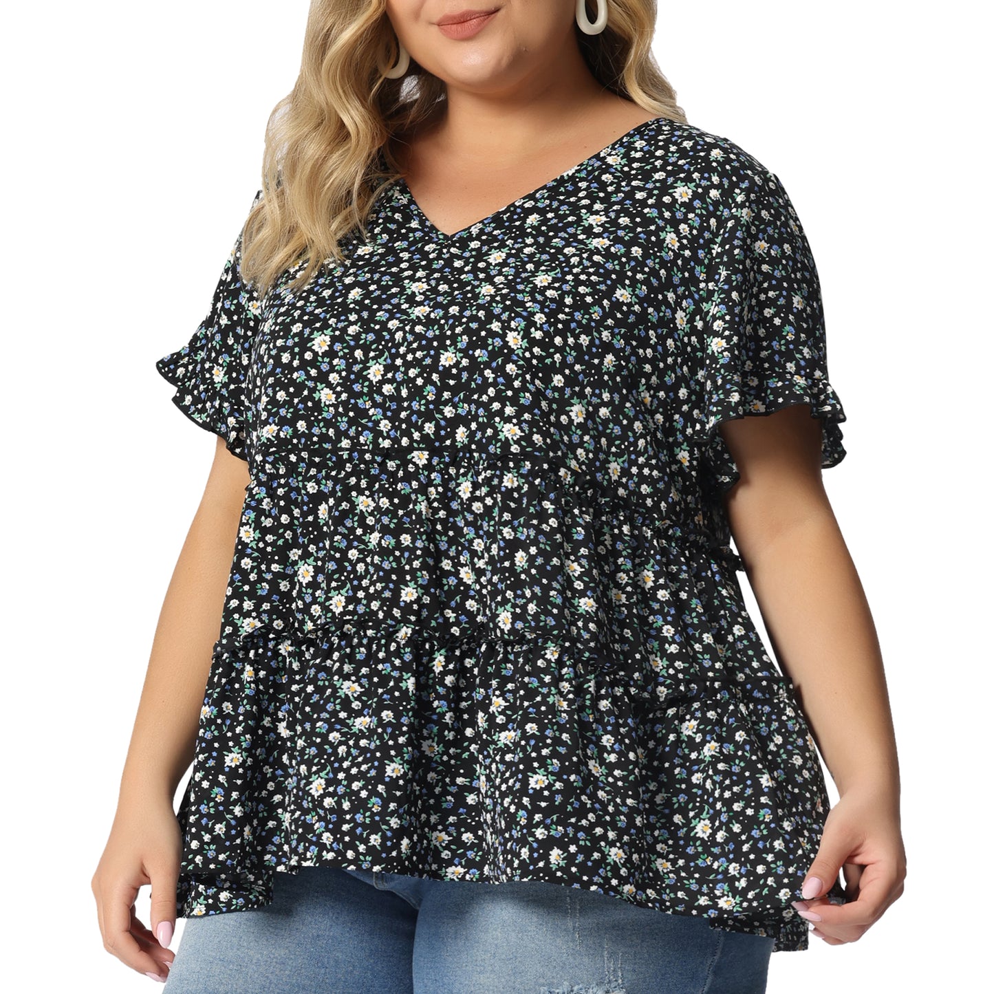 Women's Plus Size Blouse Summer Tops V Neck Short Sleeve Boho Floral Babydolls Blouse