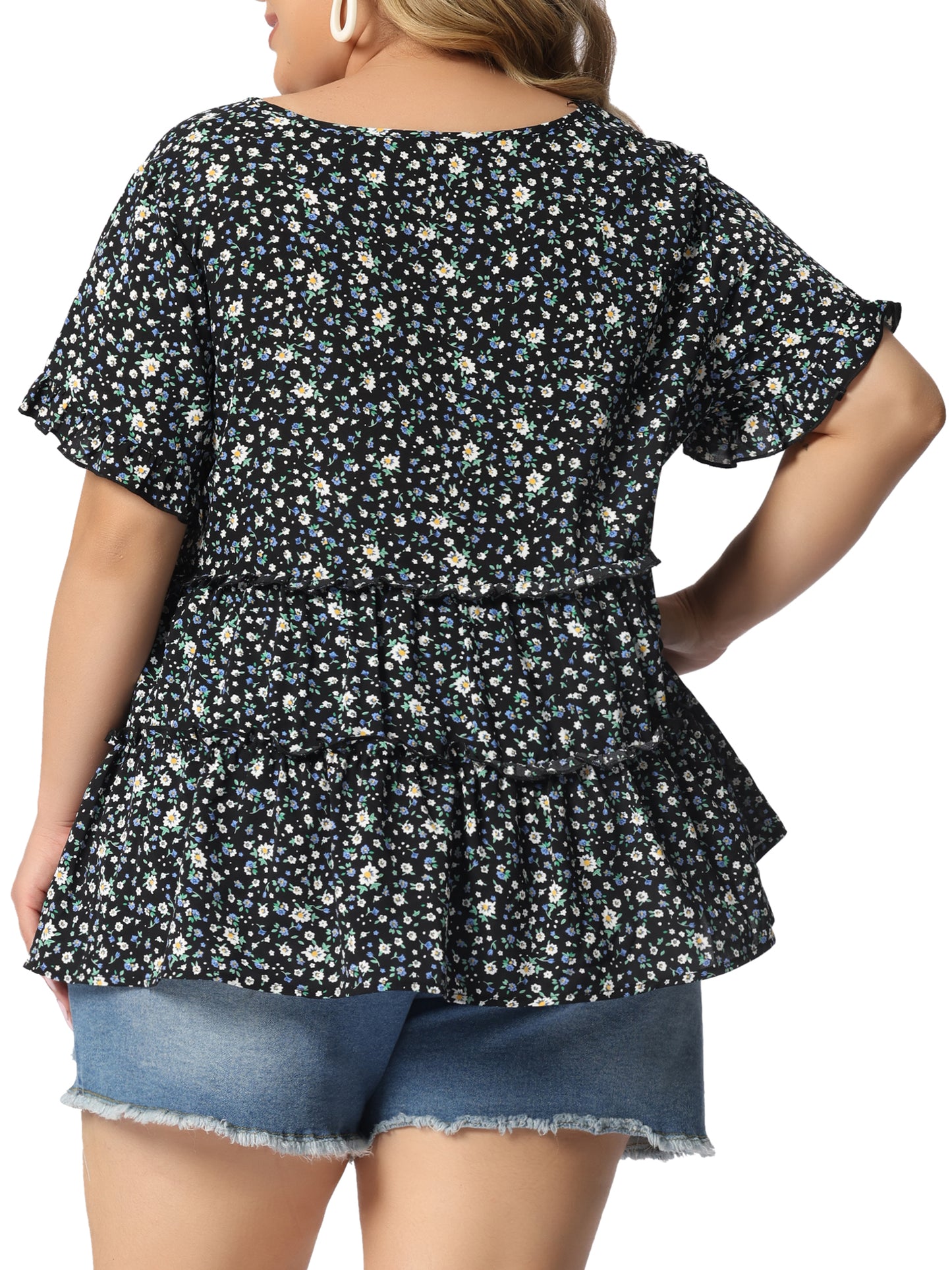 Women's Plus Size Blouse Summer Tops V Neck Short Sleeve Boho Floral Babydolls Blouse