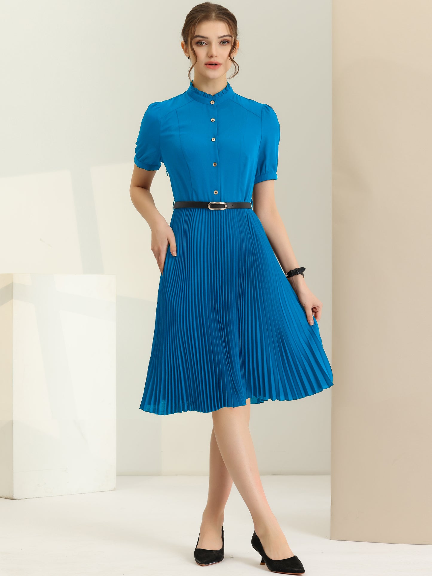Women's Summer Elegant Short Sleeve Ruffle Stand Neck Belted Waist Pleated A Line Midi Dress