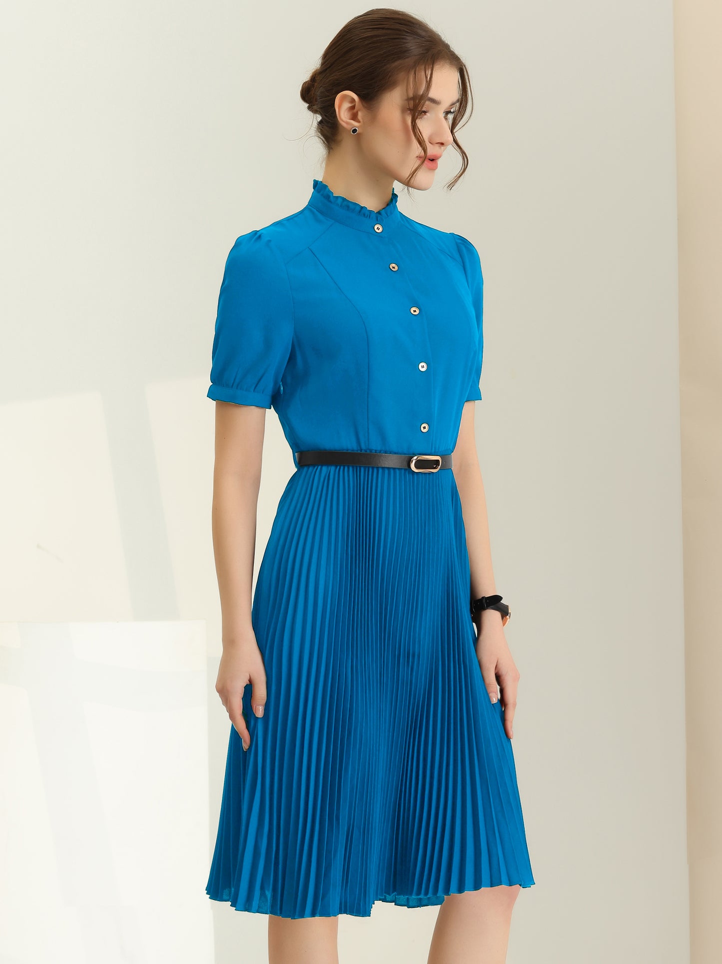 Women's Summer Elegant Short Sleeve Ruffle Stand Neck Belted Waist Pleated A Line Midi Dress