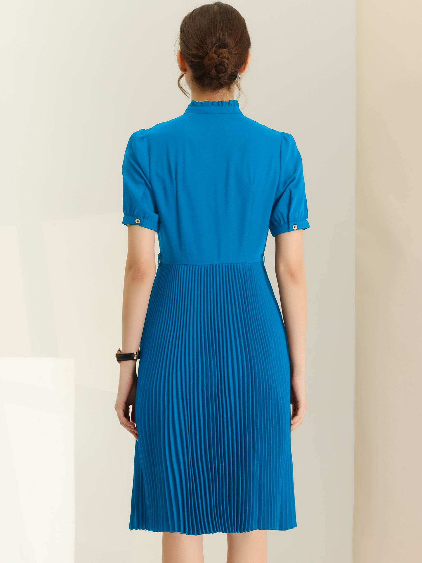 Women's Summer Elegant Short Sleeve Ruffle Stand Neck Belted Waist Pleated A Line Midi Dress