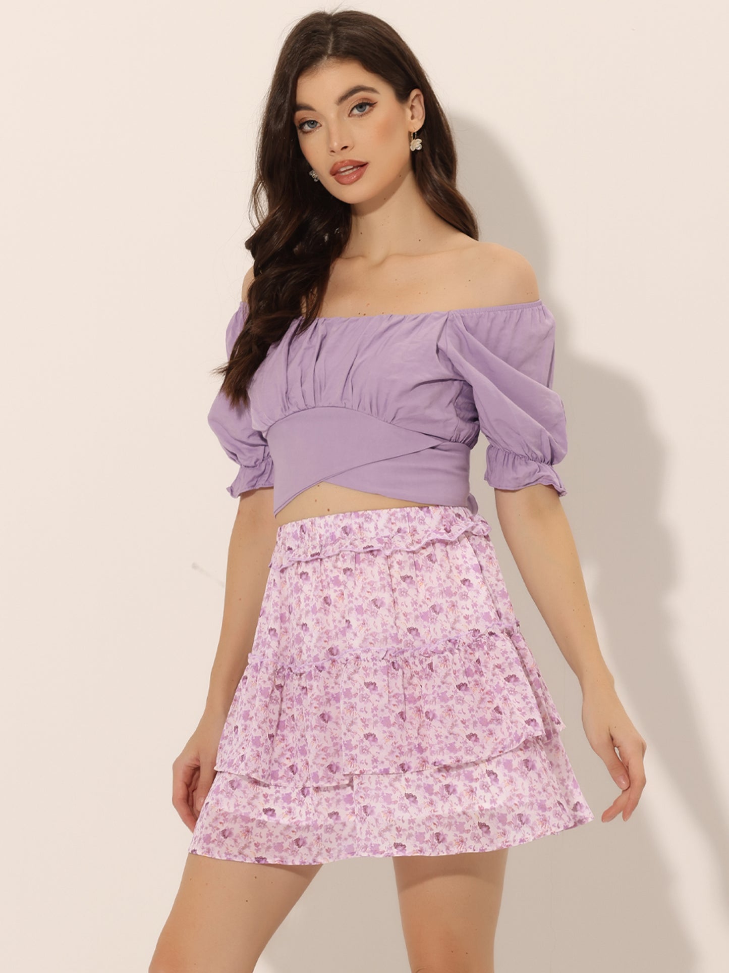 Women's Layered Ruffle Hem Elastic Waist A-Line Skater Floral Mini Skirt