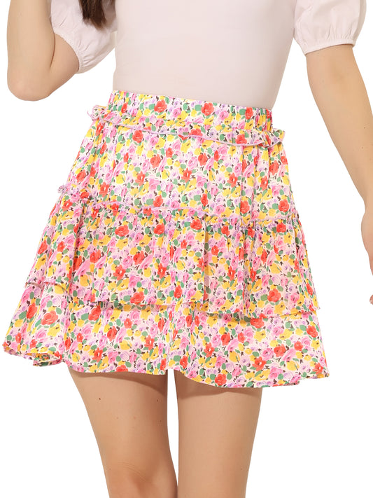 Minifalda skater floral con cintura elástica y dobladillo con volantes en capas para mujer