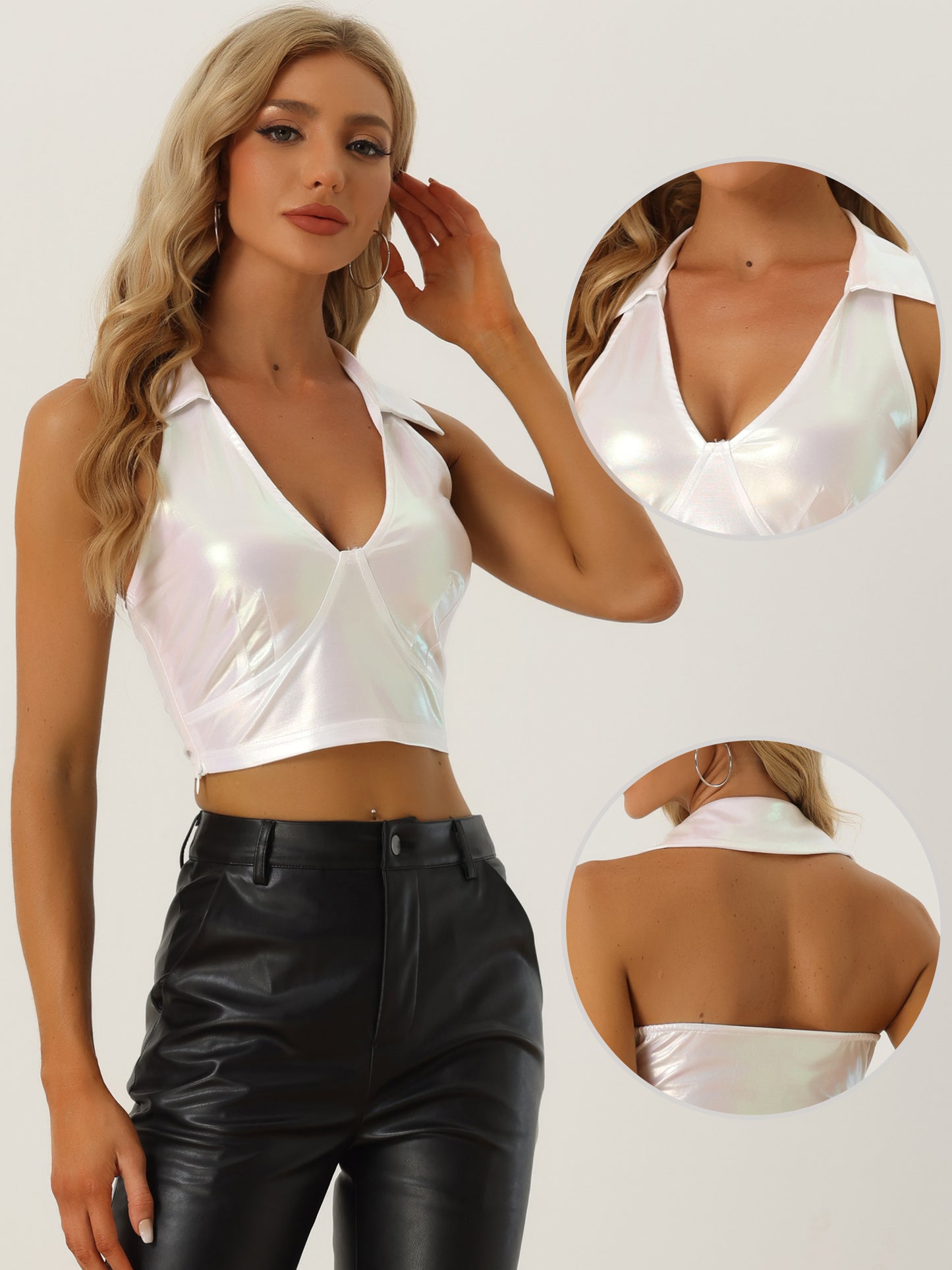 Women's Metallic Crop Top Clubwear Party Halter Rave Chrome Shirt Halter Neck Holographic Top
