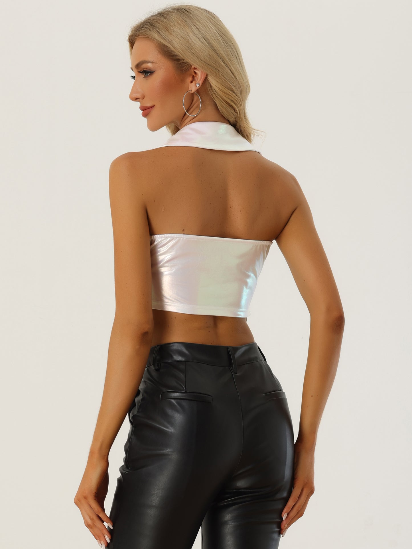 Women's Metallic Crop Top Clubwear Party Halter Rave Chrome Shirt Halter Neck Holographic Top