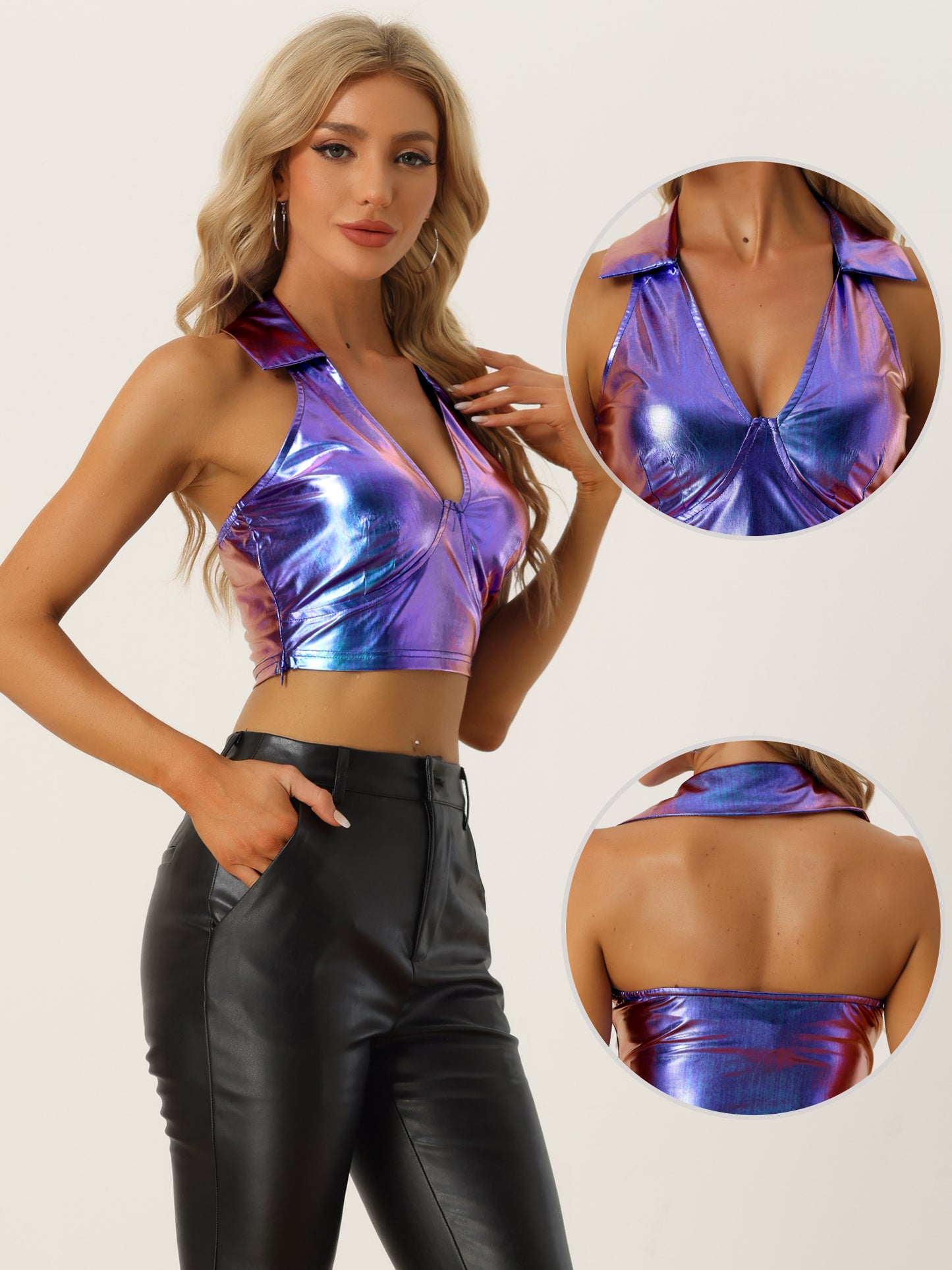 Women's Metallic Crop Top Clubwear Party Halter Rave Chrome Shirt Halter Neck Holographic Top