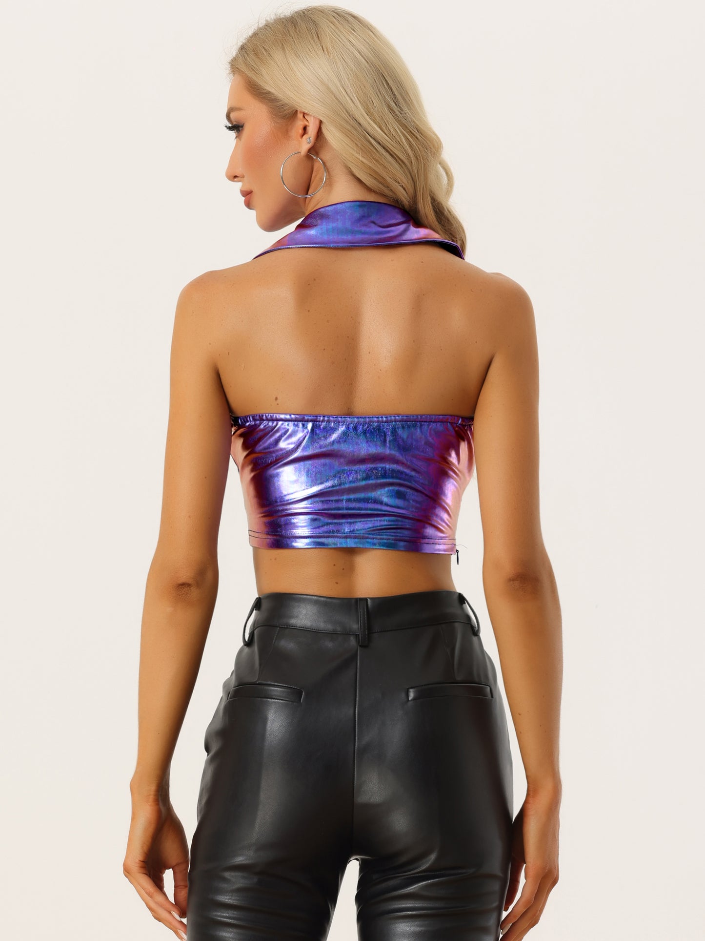 Women's Metallic Crop Top Clubwear Party Halter Rave Chrome Shirt Halter Neck Holographic Top