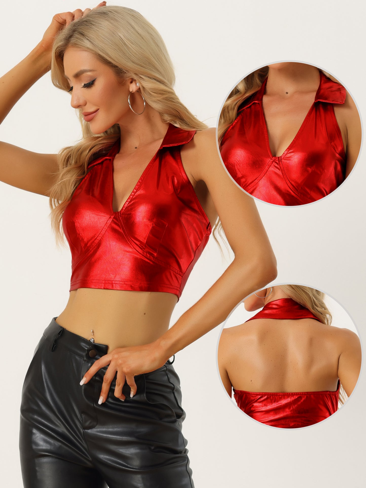 Women's Metallic Crop Top Clubwear Party Halter Rave Chrome Shirt Halter Neck Holographic Top