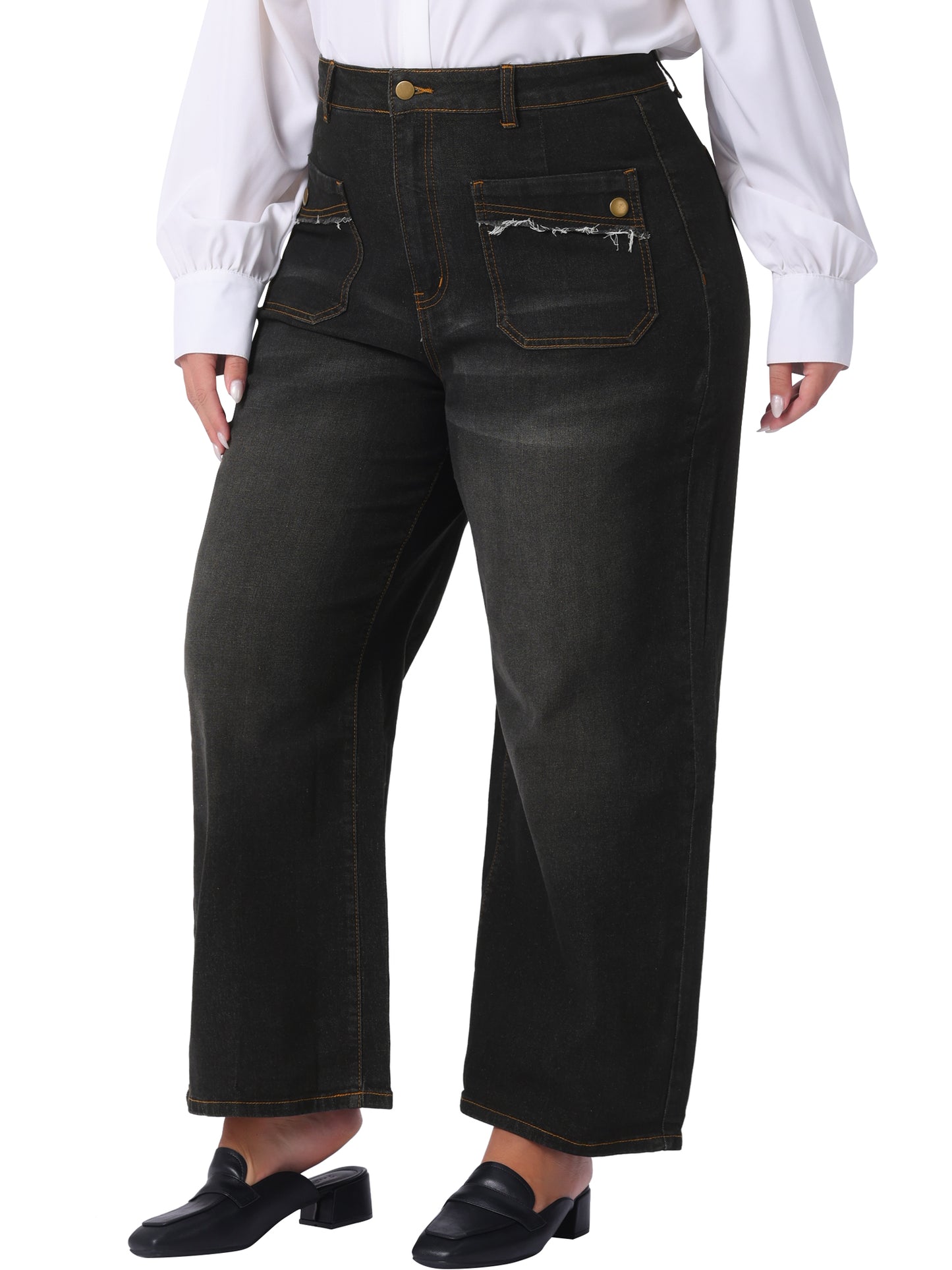 Women Plus Size Jeans Wide Leg Washed Stretch With Pockets Palazzo Denim Jeans
