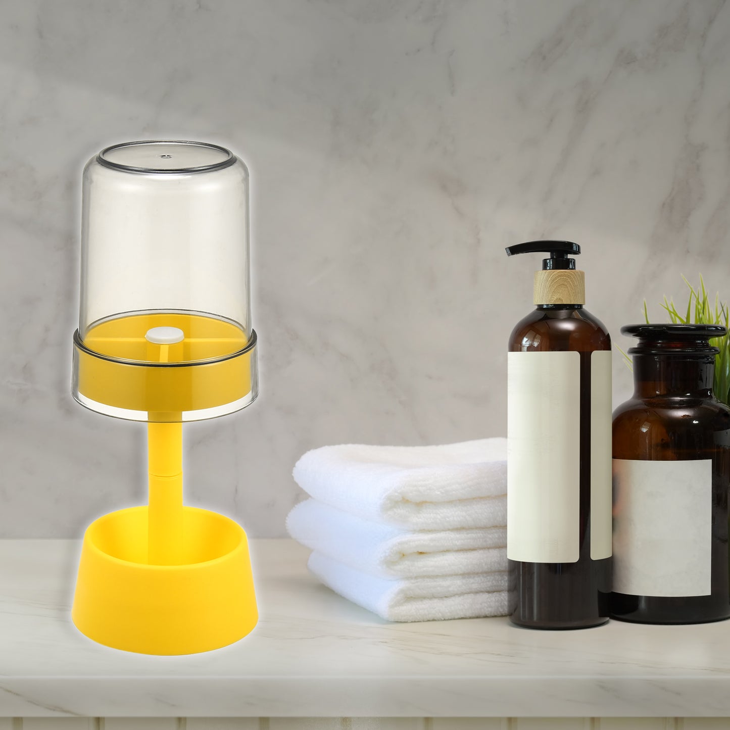 1 Pc PP Toothbrush Holder Stand with Cover with 3 Slots, 8.66"x2.99" Yellow