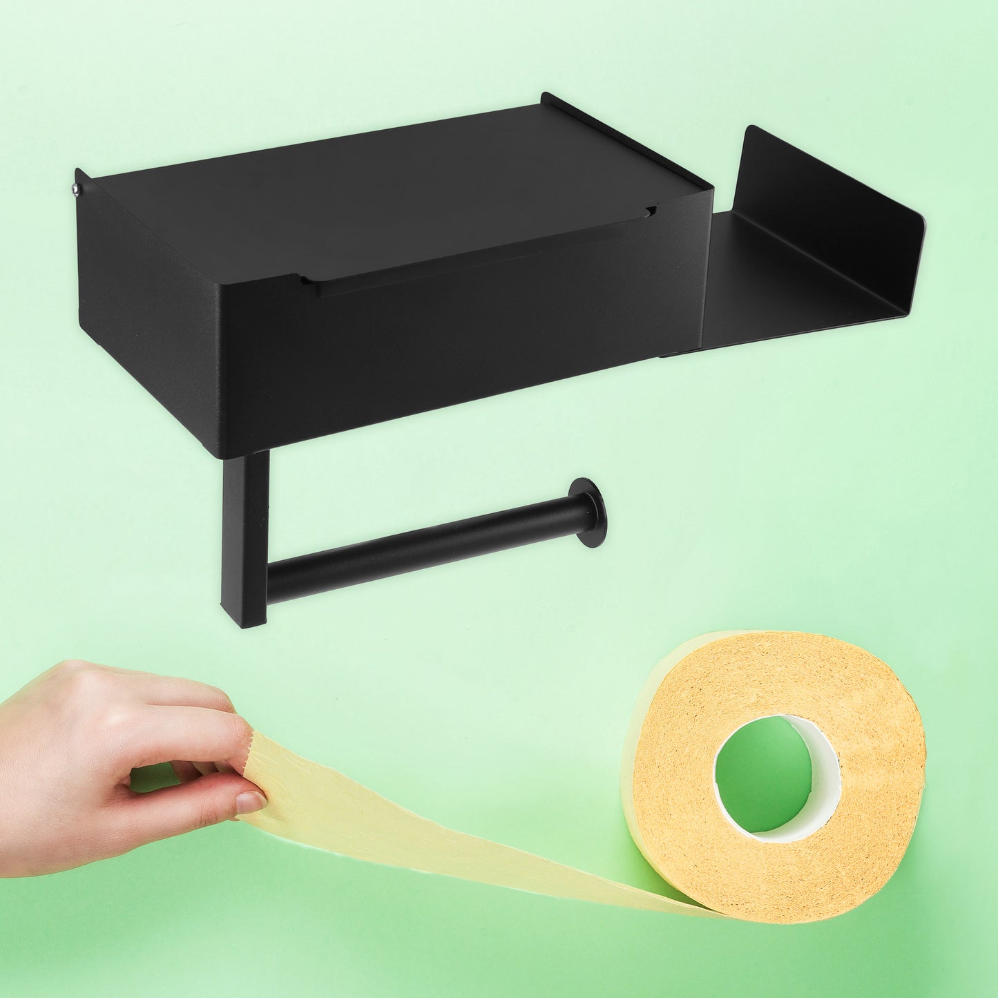 Adhesive Toilet Paper Holder, Bathroom Wall Mount Shelf Black