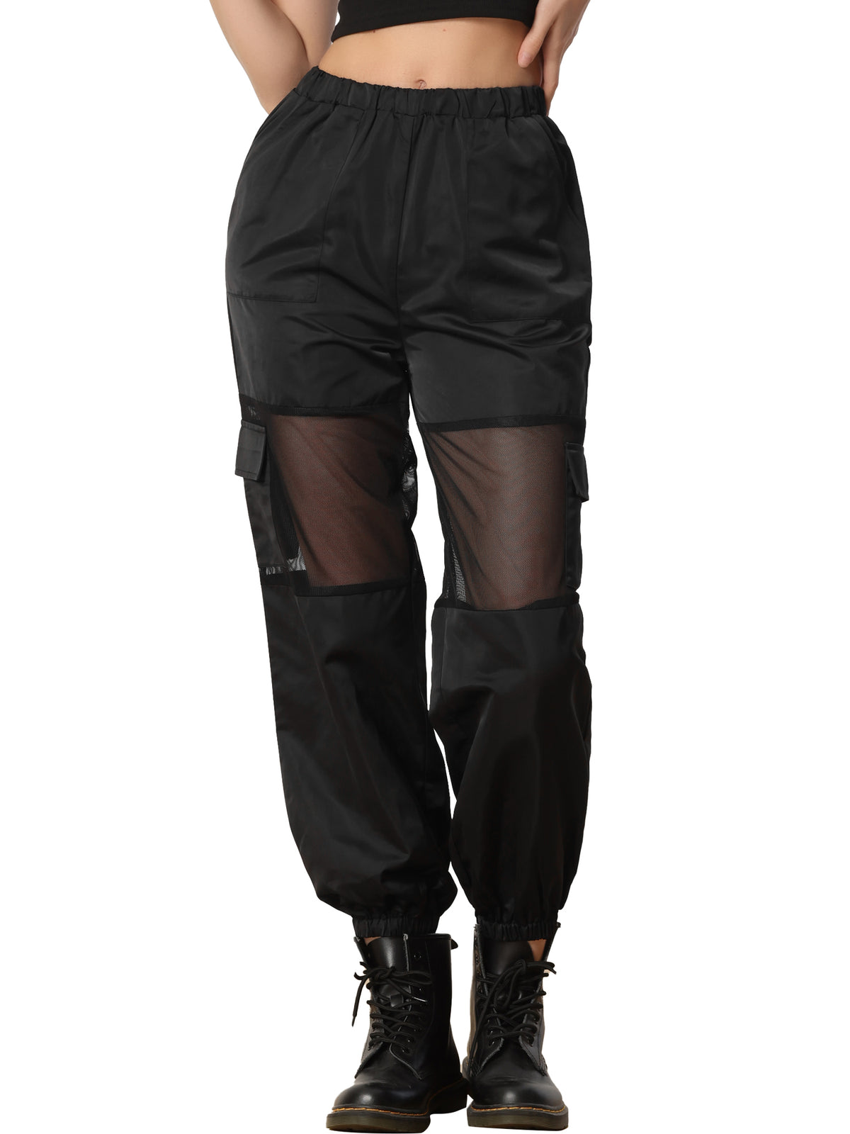 Women's High Waist Sports Elastic Mesh Panel Sheer Baggy Cargo Pants