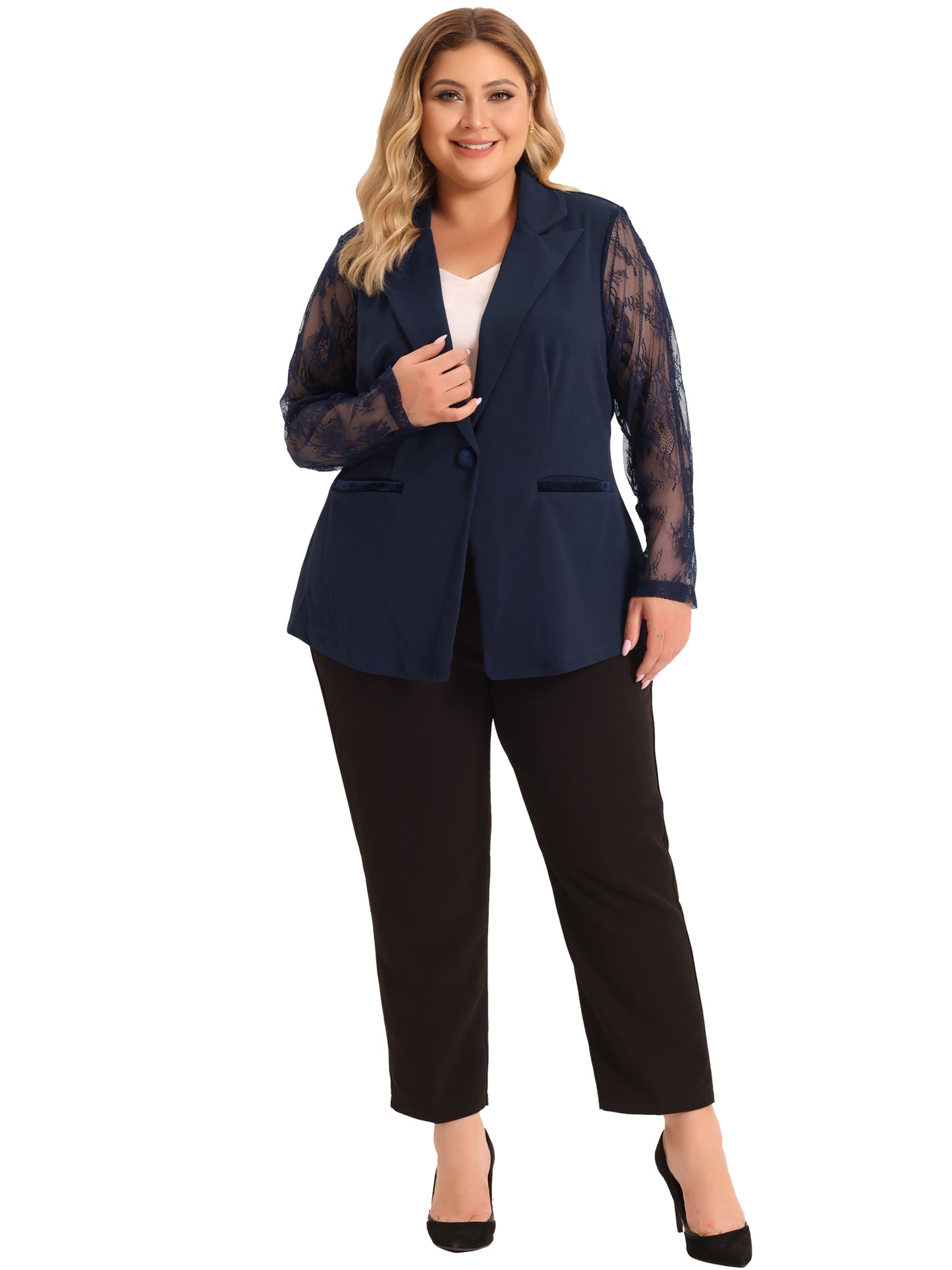 Women Plus Size Blazers Work Jackets Notch Lapel Lace Front Blazer Jackets