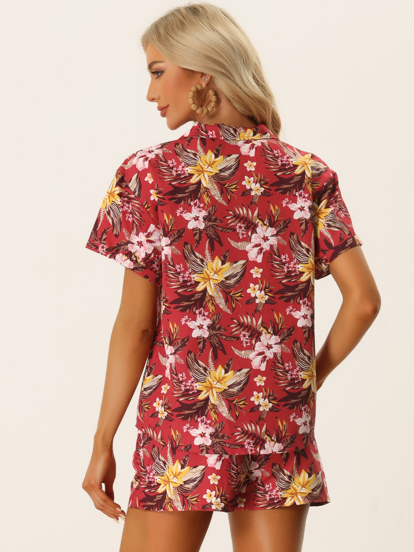 Women Hawaiian Set 2 Pieces Floral Button Down Shirt and Shorts Tropical Vacation Beach Casual