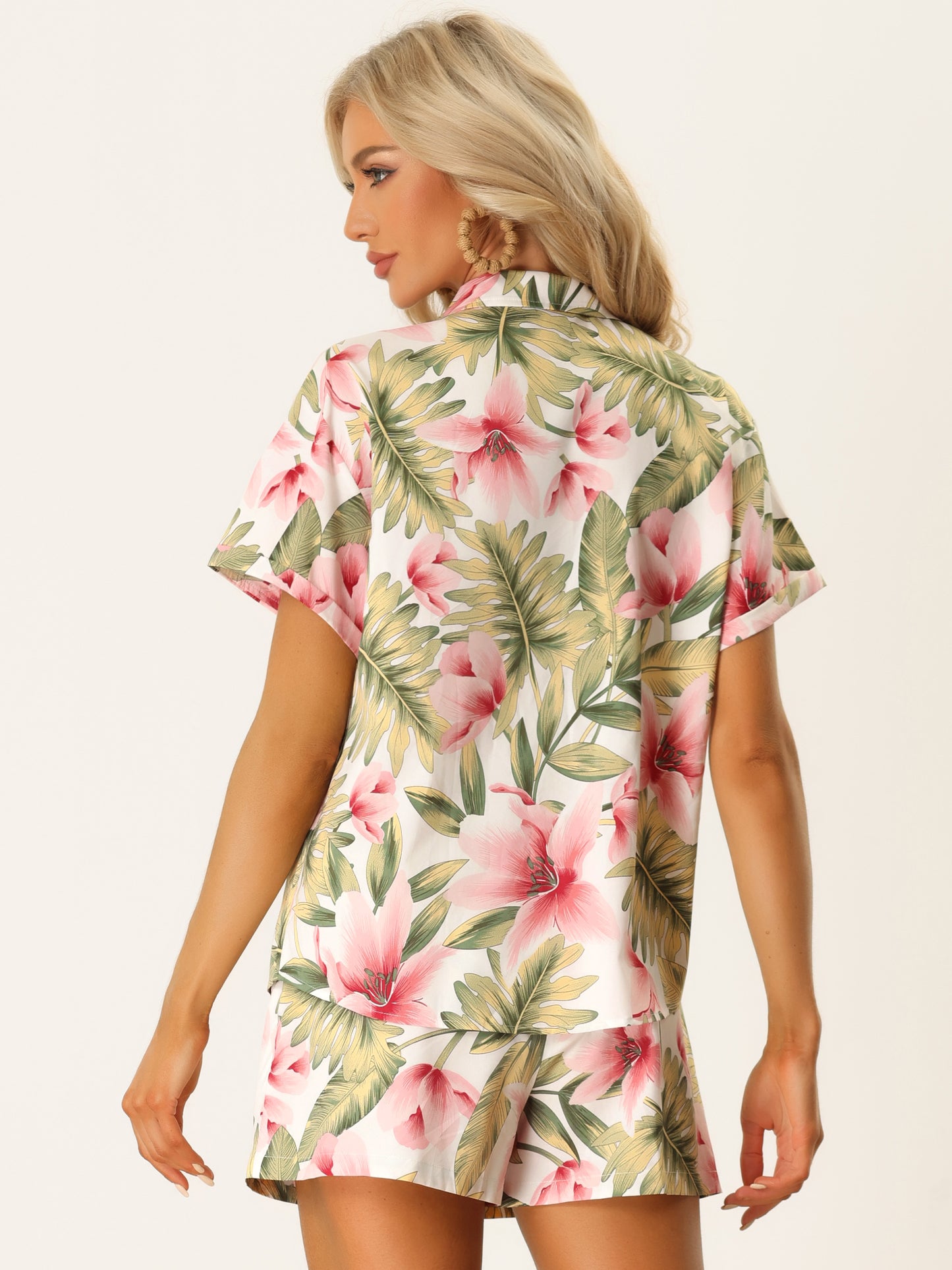 Women Hawaiian Set 2 Pieces Floral Button Down Shirt and Shorts Tropical Vacation Beach Casual