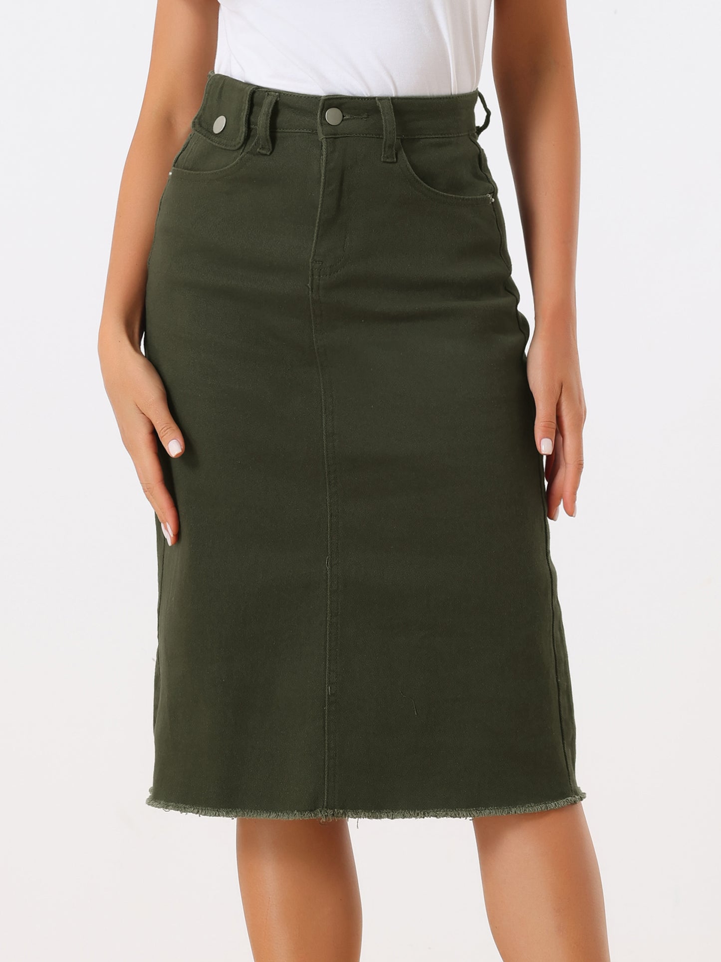 Women's Casual Jean Skirt High Waist Back Slit Stretch Denim Skirt (Available in Plus Size)